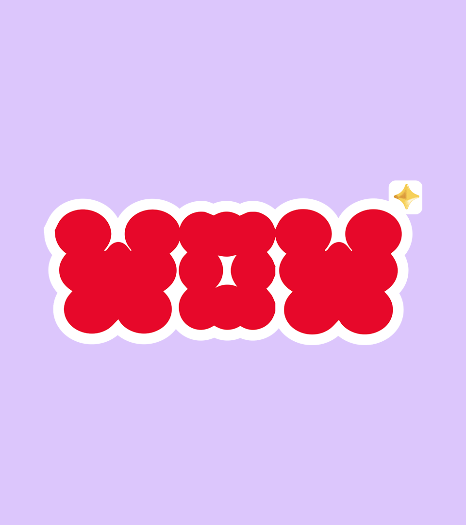 Animated Badoo “Wow” bubble lettering in red on lilac