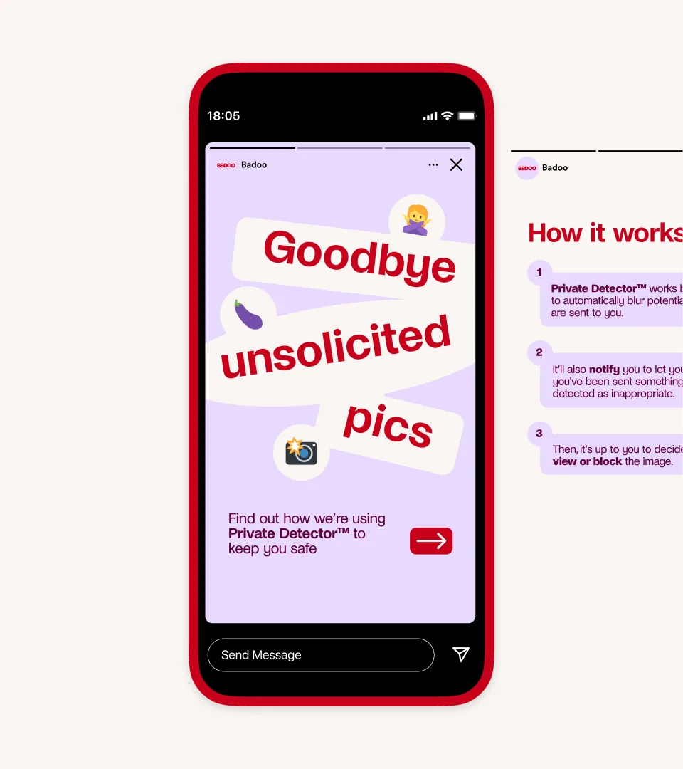 Badoo safety feature screen: “Goodbye unsolicited pics” with Private Detector explained