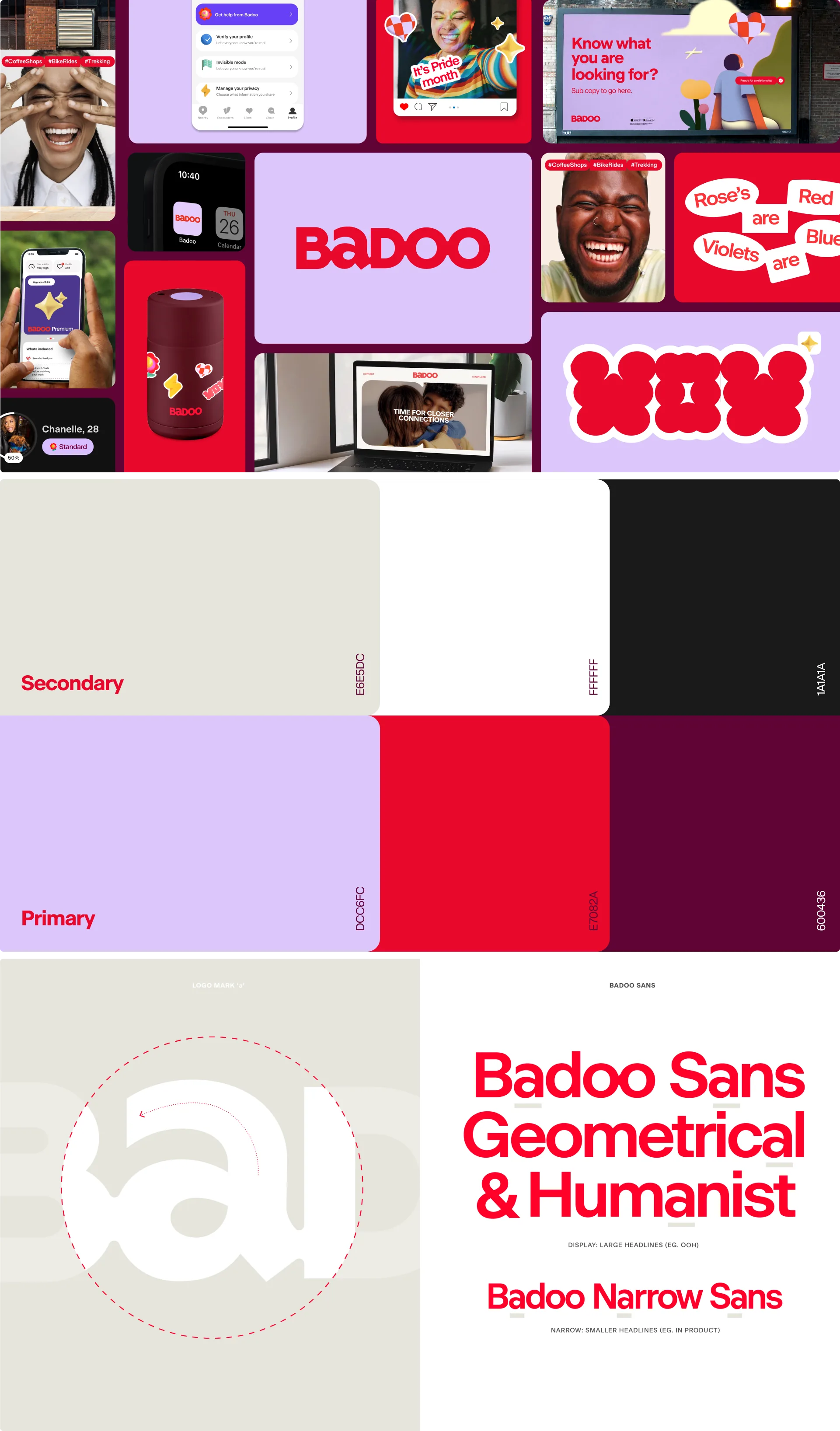 Badoo brand overview: campaign imagery, primary and secondary colour palette and the Badoo Sans typefaces