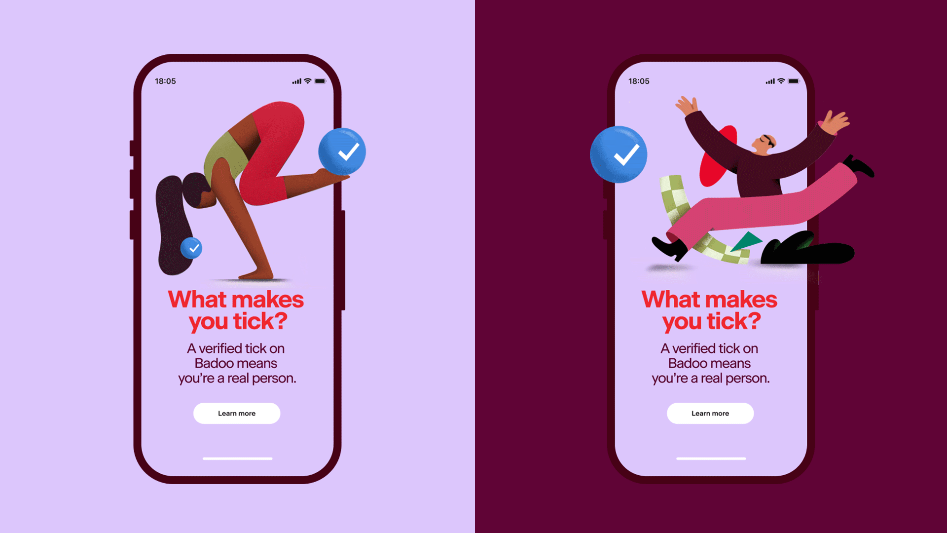 Animated Badoo verification illustrations: “What makes you tick?” screens in light and dark