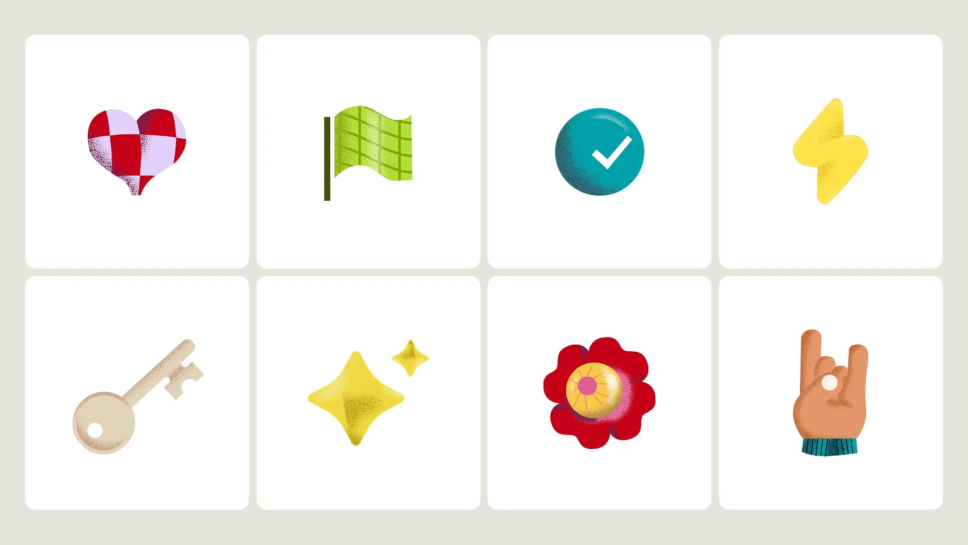 Badoo’s 3D icon set: heart, flag, check badge, lightning, key, sparkle, flower and hand