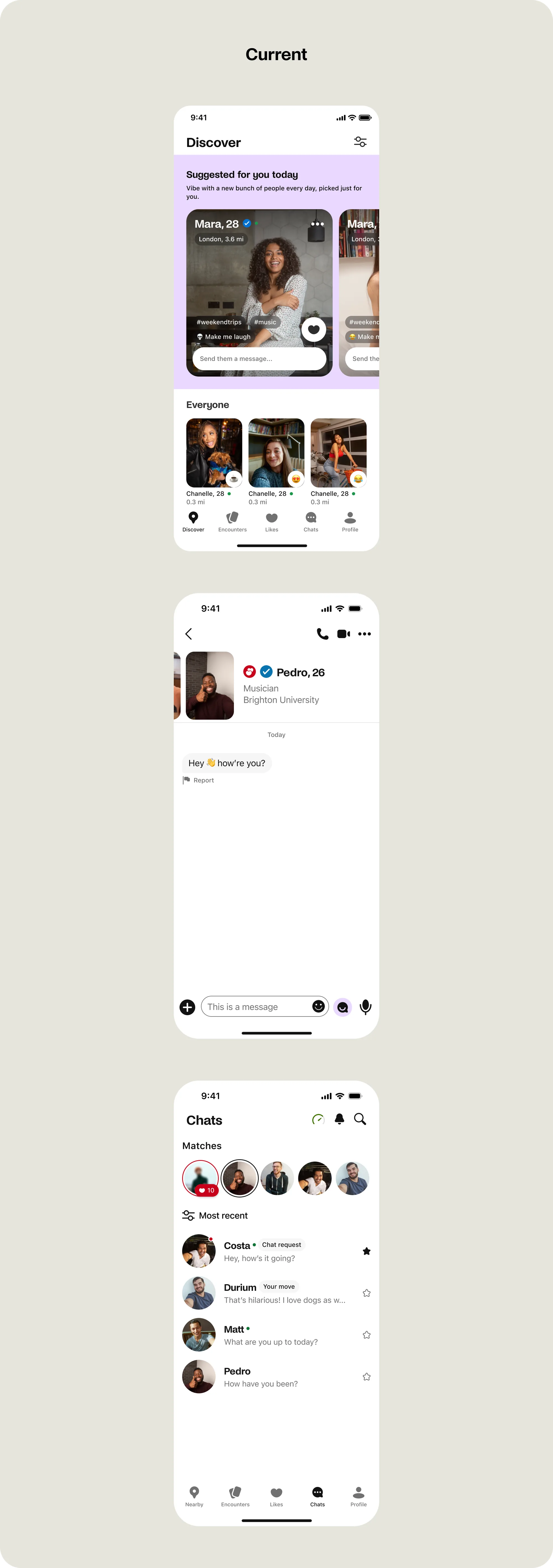 Current Badoo app screens: Discover, a chat conversation and the Chats list