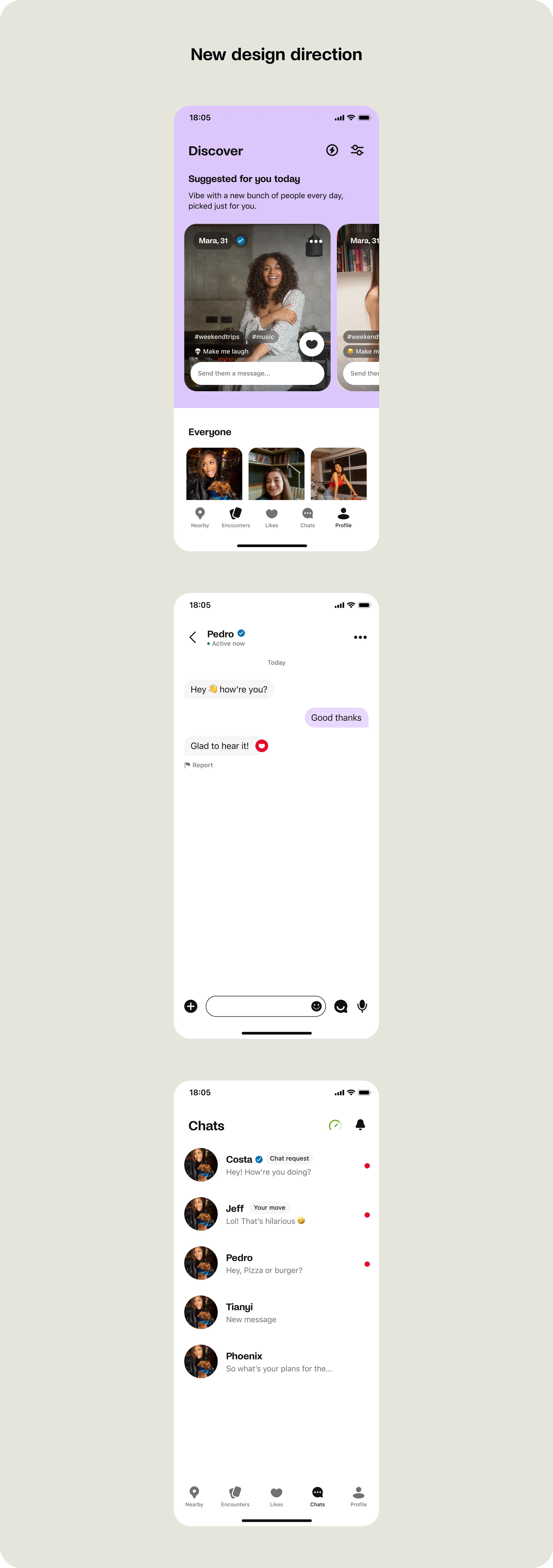 New design direction for the Badoo app: Discover, conversation and Chats screens