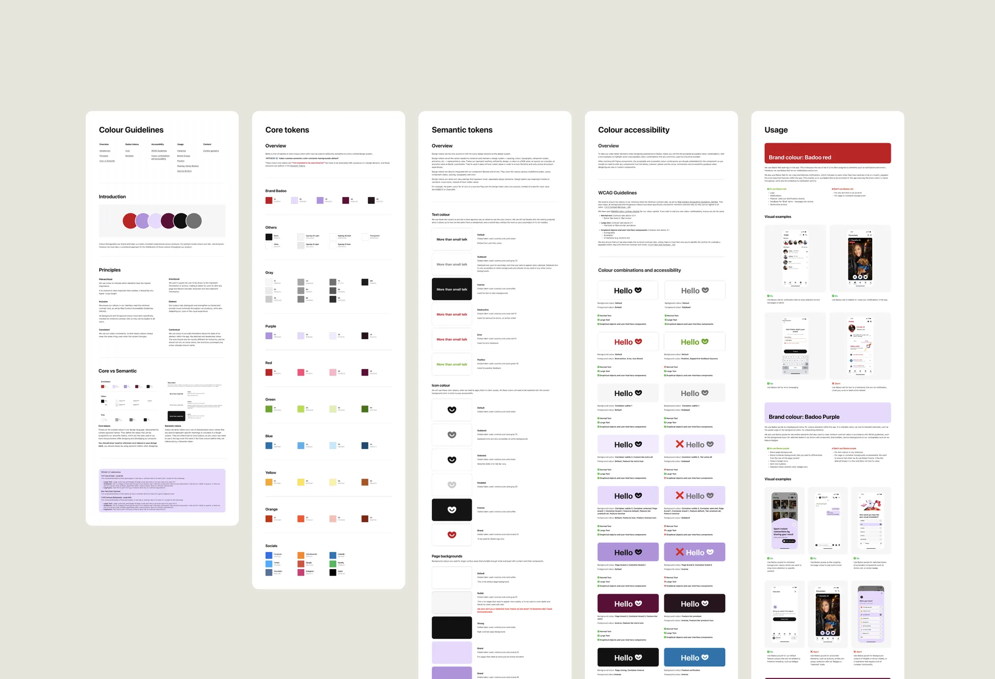 Cosmos documentation pages for Badoo colour guidelines, tokens and accessibility