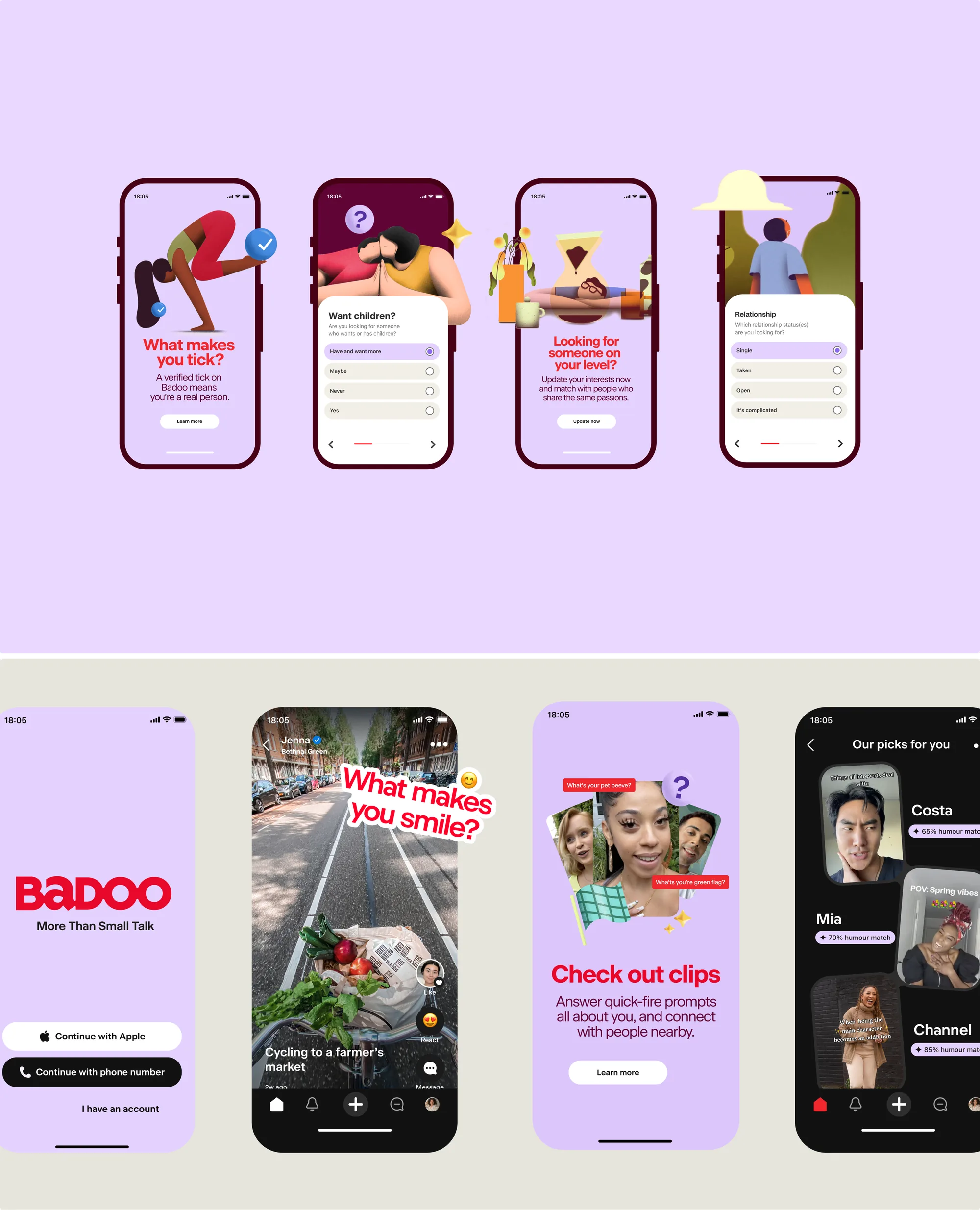 Badoo onboarding and profile prompt screens in the new design direction