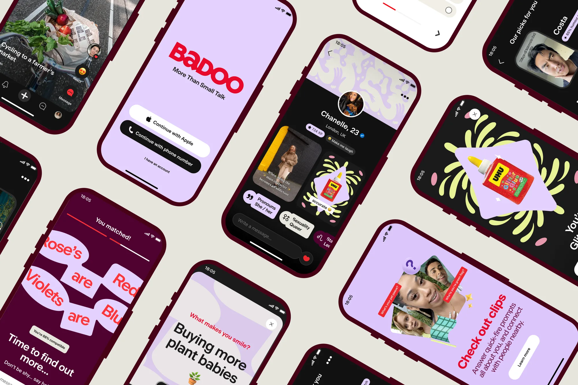 Angled grid of Badoo app screens in the new brand: onboarding, chat and prompts
