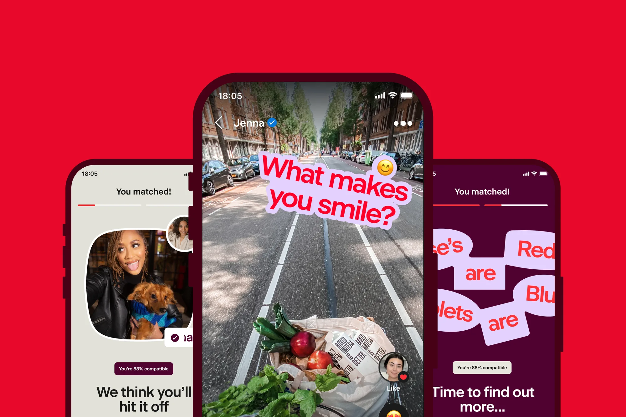 Three Badoo phones on red: match screen, video prompt and conversation starter