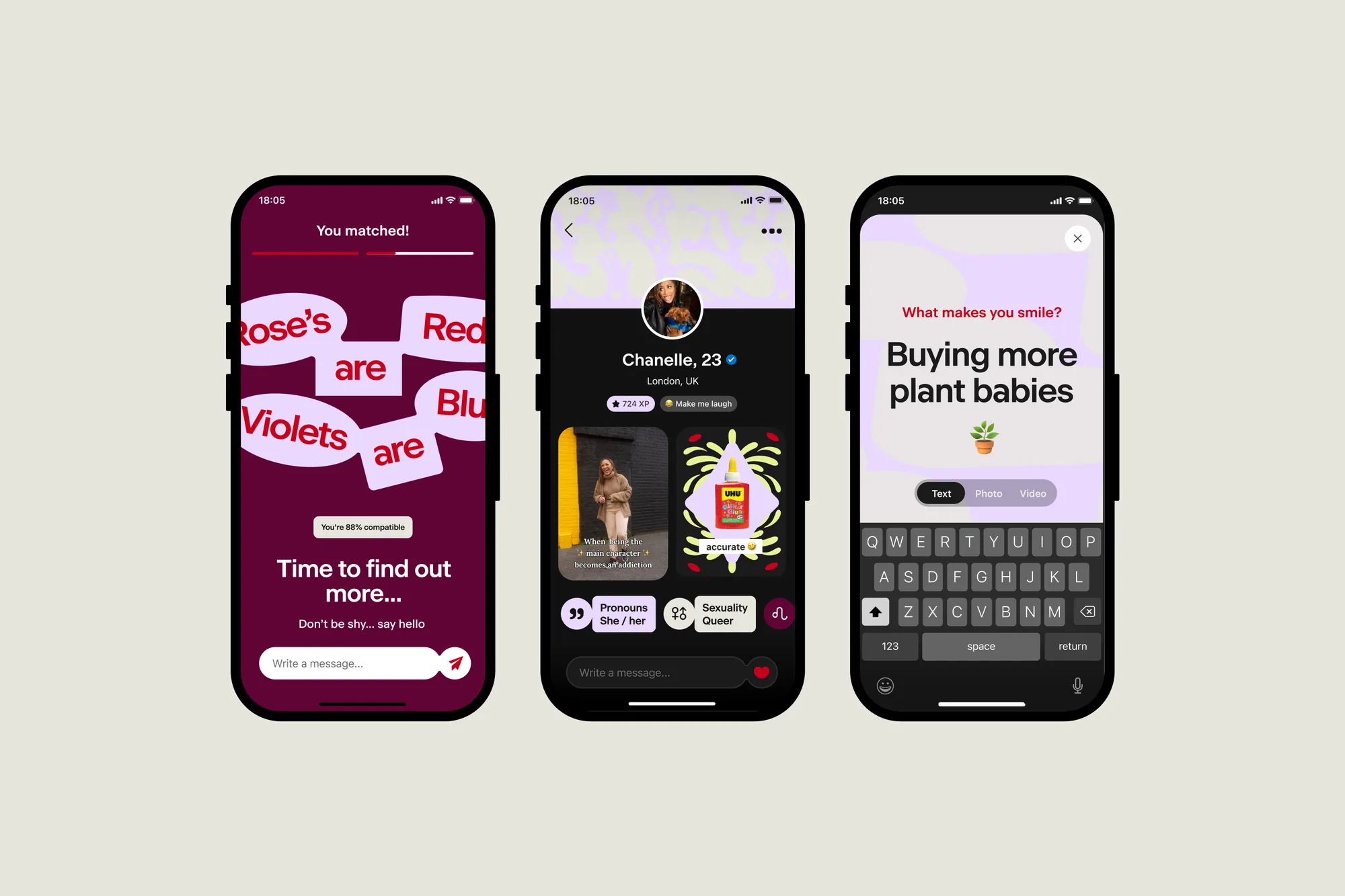 Badoo match, profile and prompt screens side by side