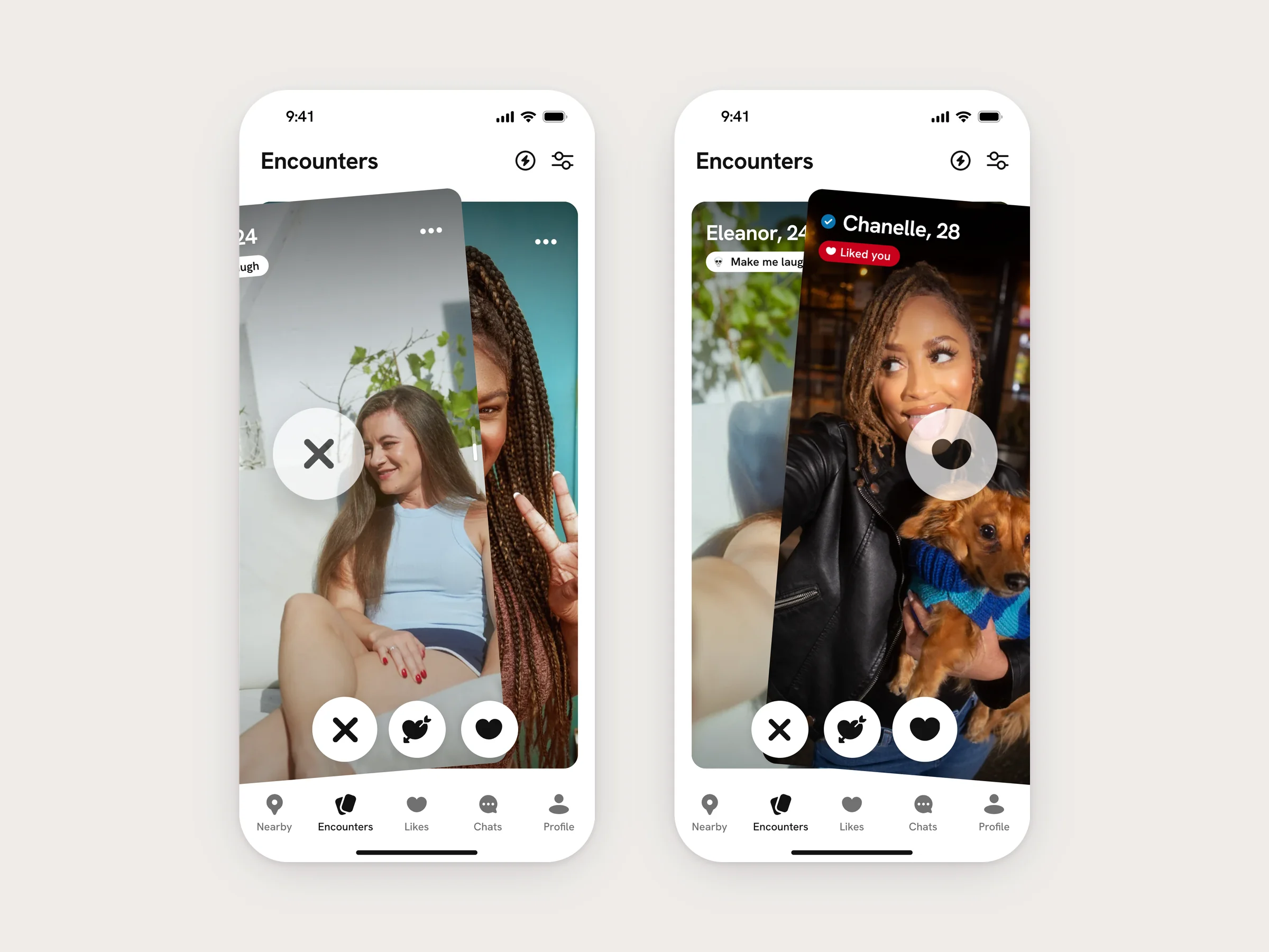 Badoo Encounters screens showing the pass and like actions on two profile cards