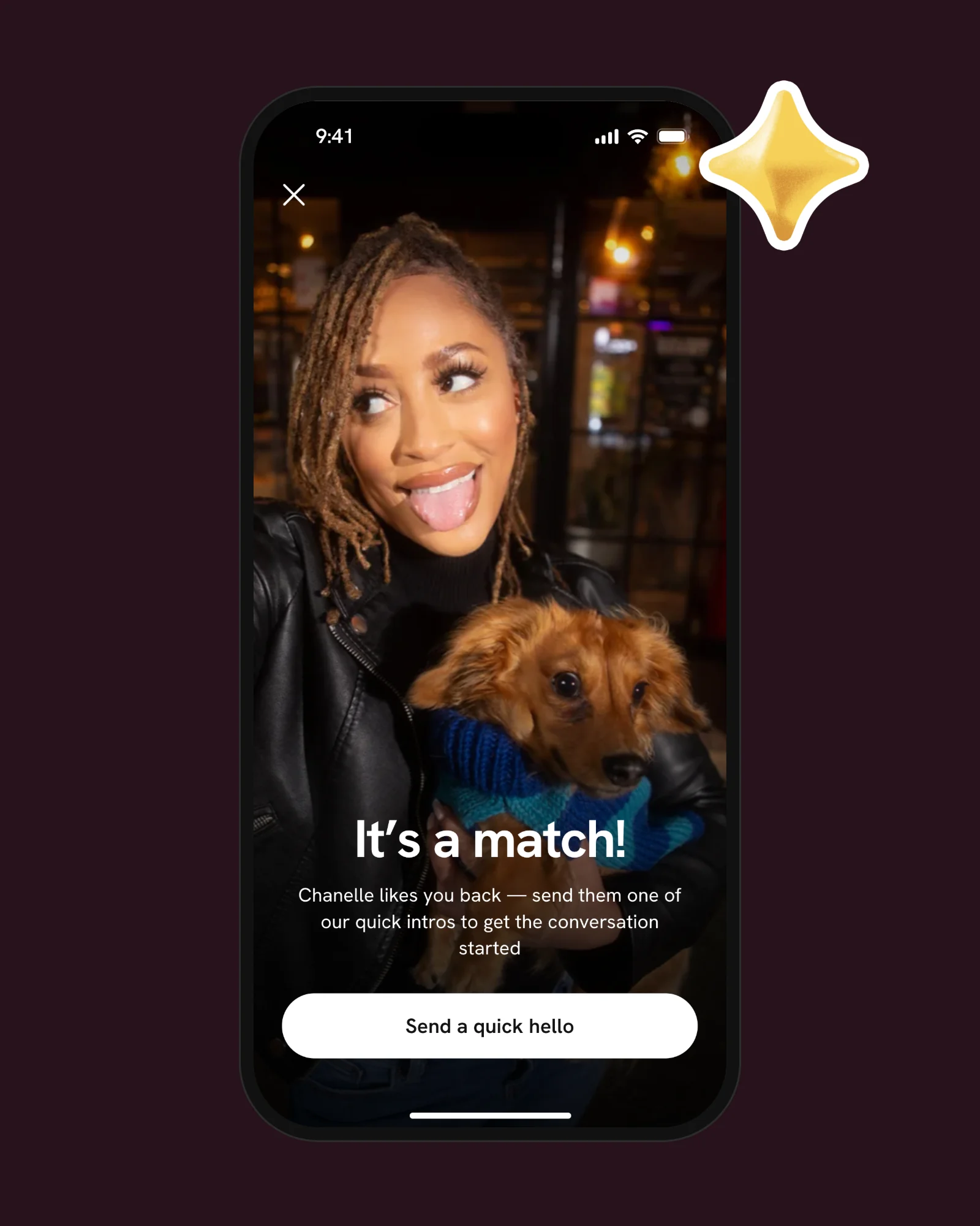 Badoo “It’s a match!” screen with a smiling woman holding her dog