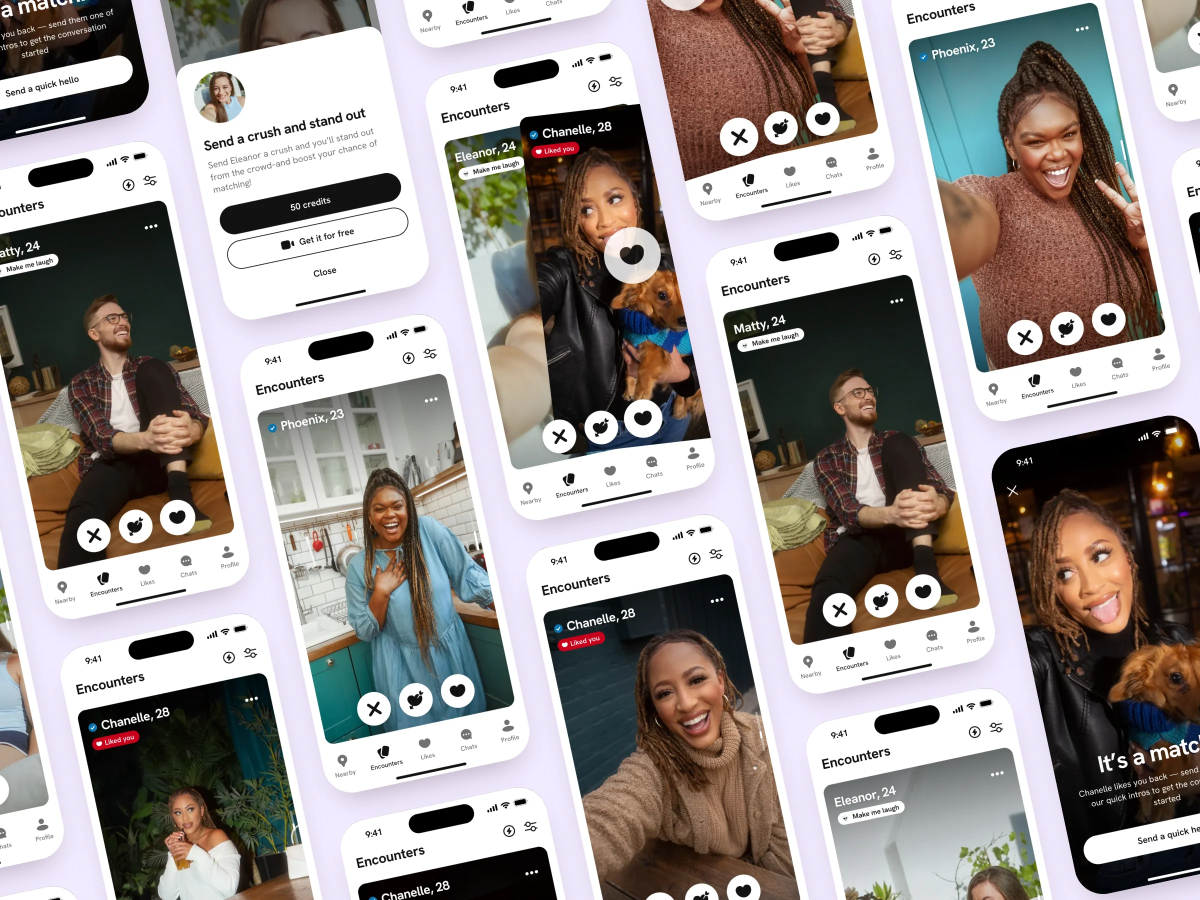 Grid of Badoo Encounters screens built with Cosmos components