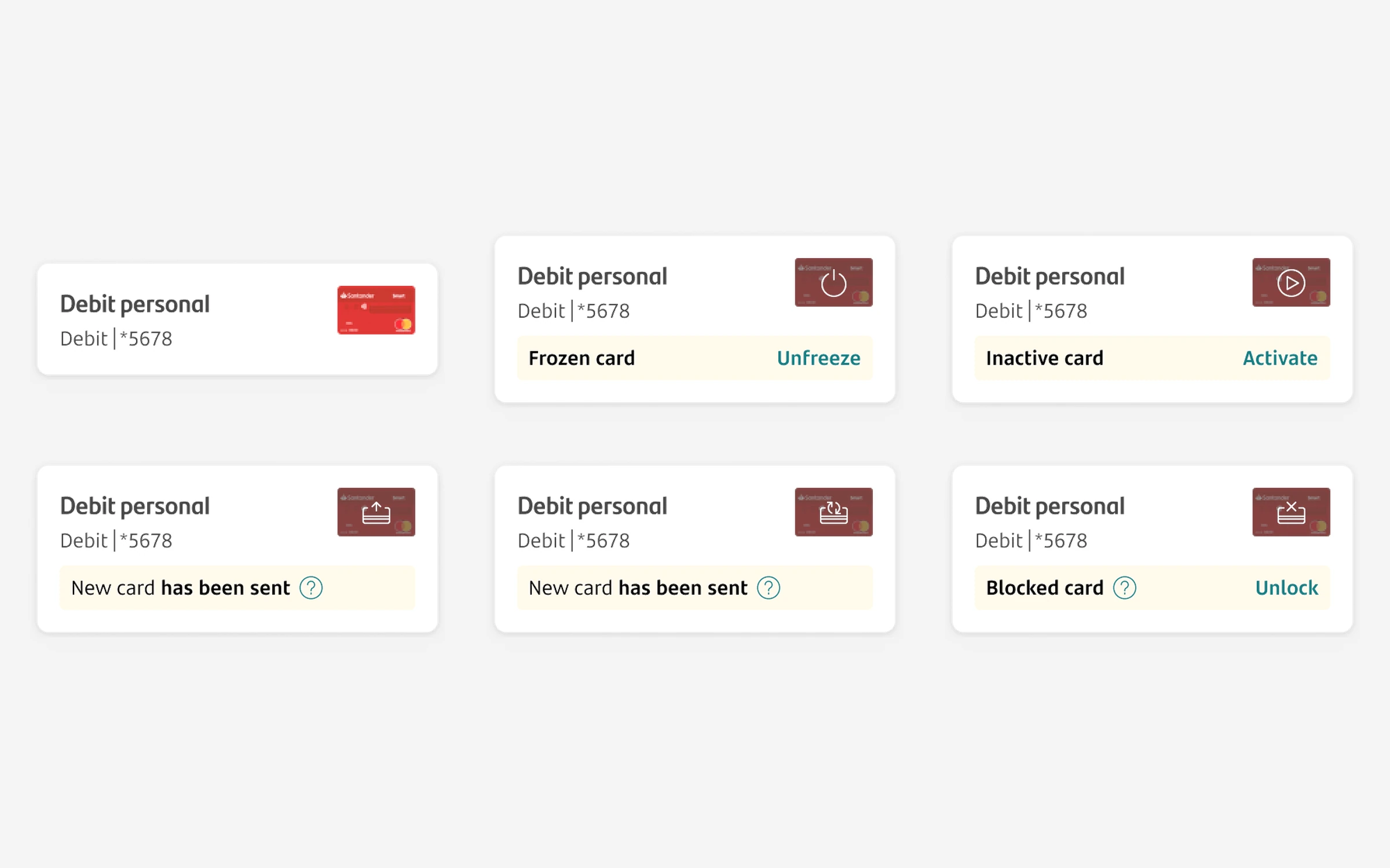 Santander debit product card states: frozen, inactive, new card sent and blocked