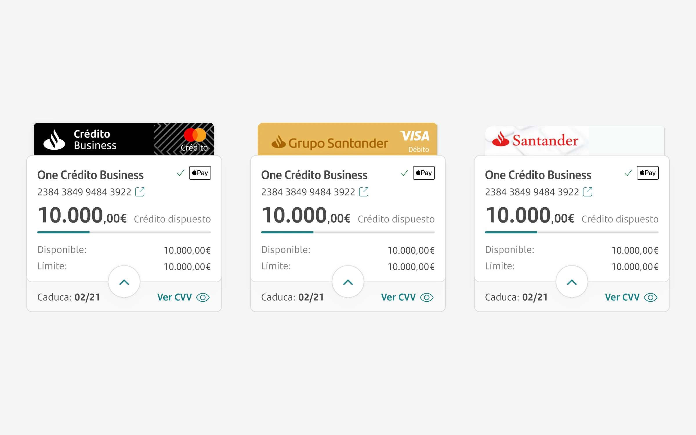 Santander summary cards for the three card types