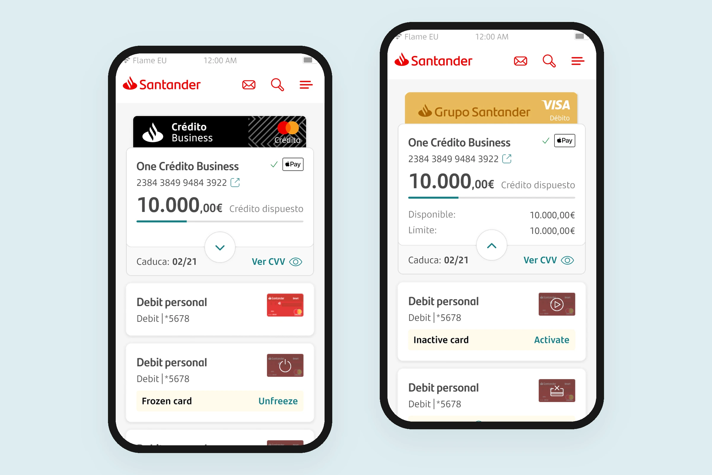 Santander app screens with credit and debit card summaries
