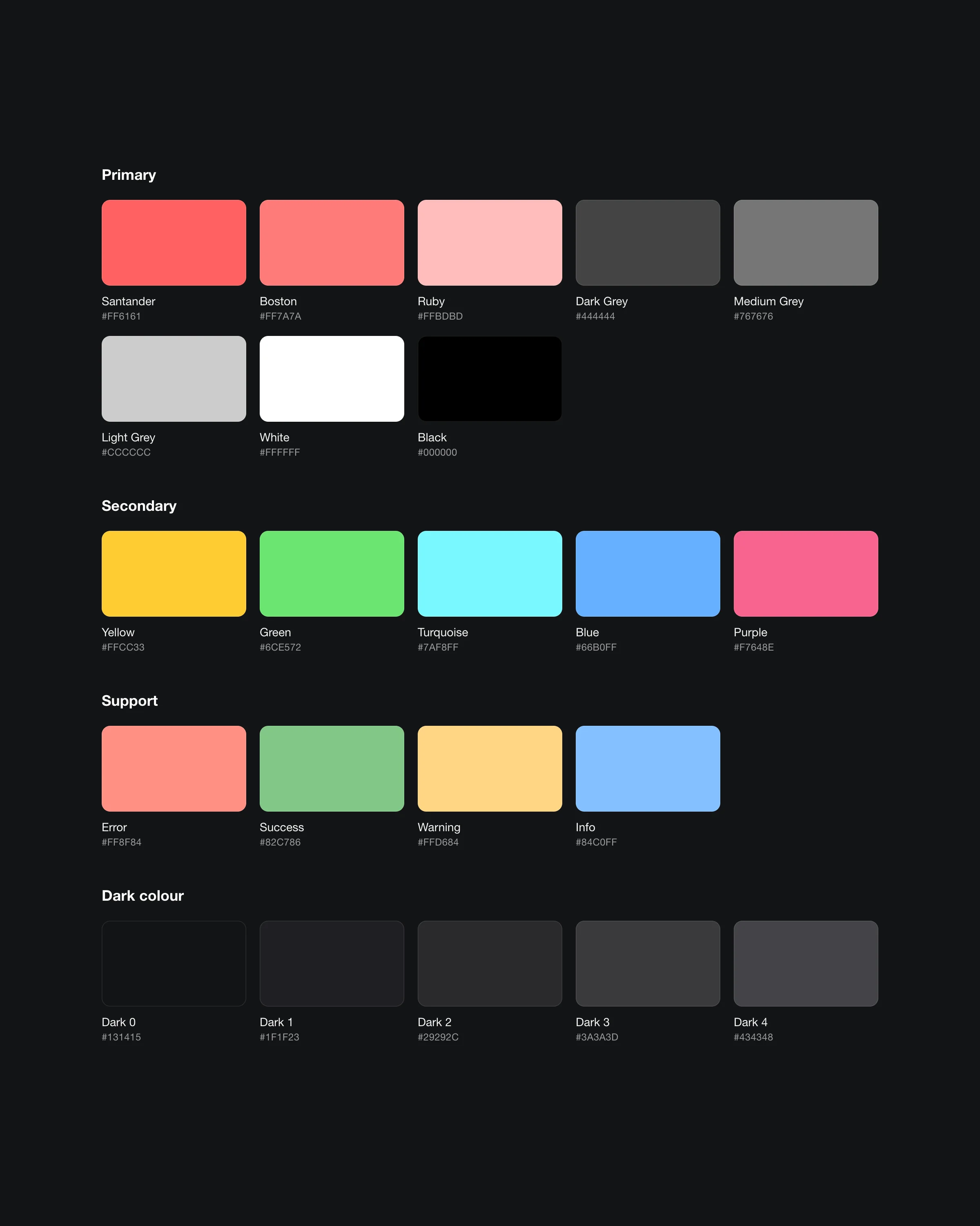 Santander dark mode palette: primary, secondary, support and dark colours
