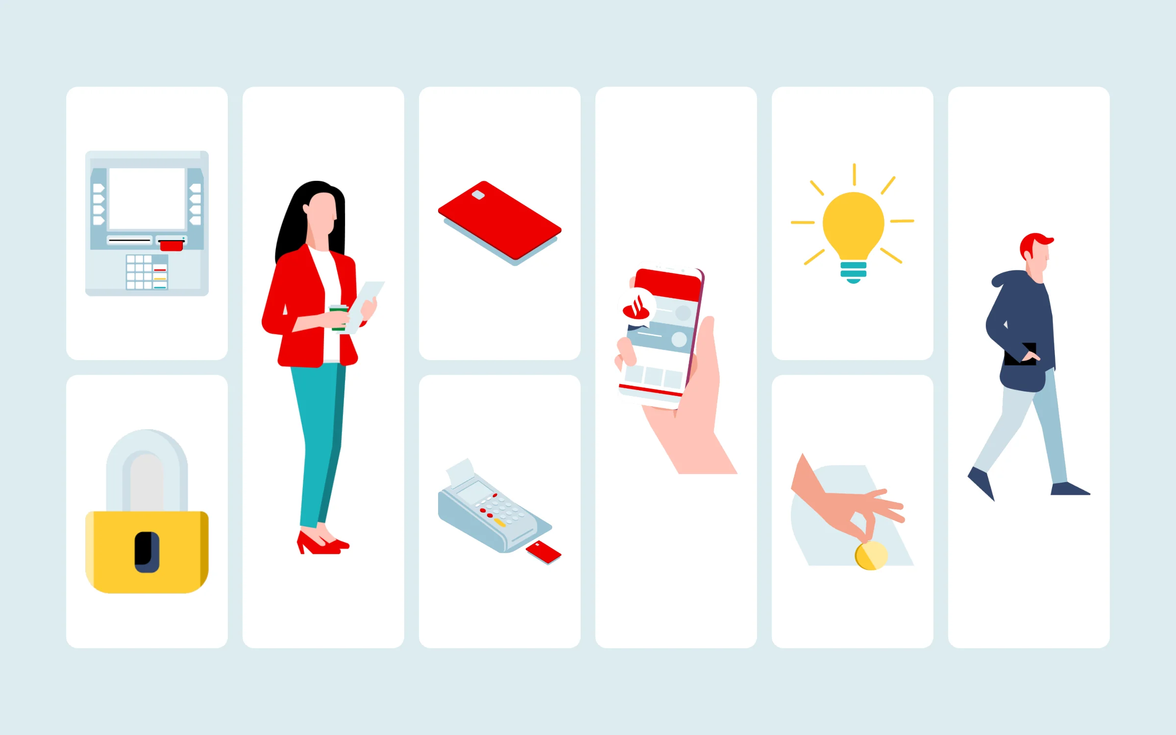 Santander illustrations: ATM, padlock, cards, phone and people