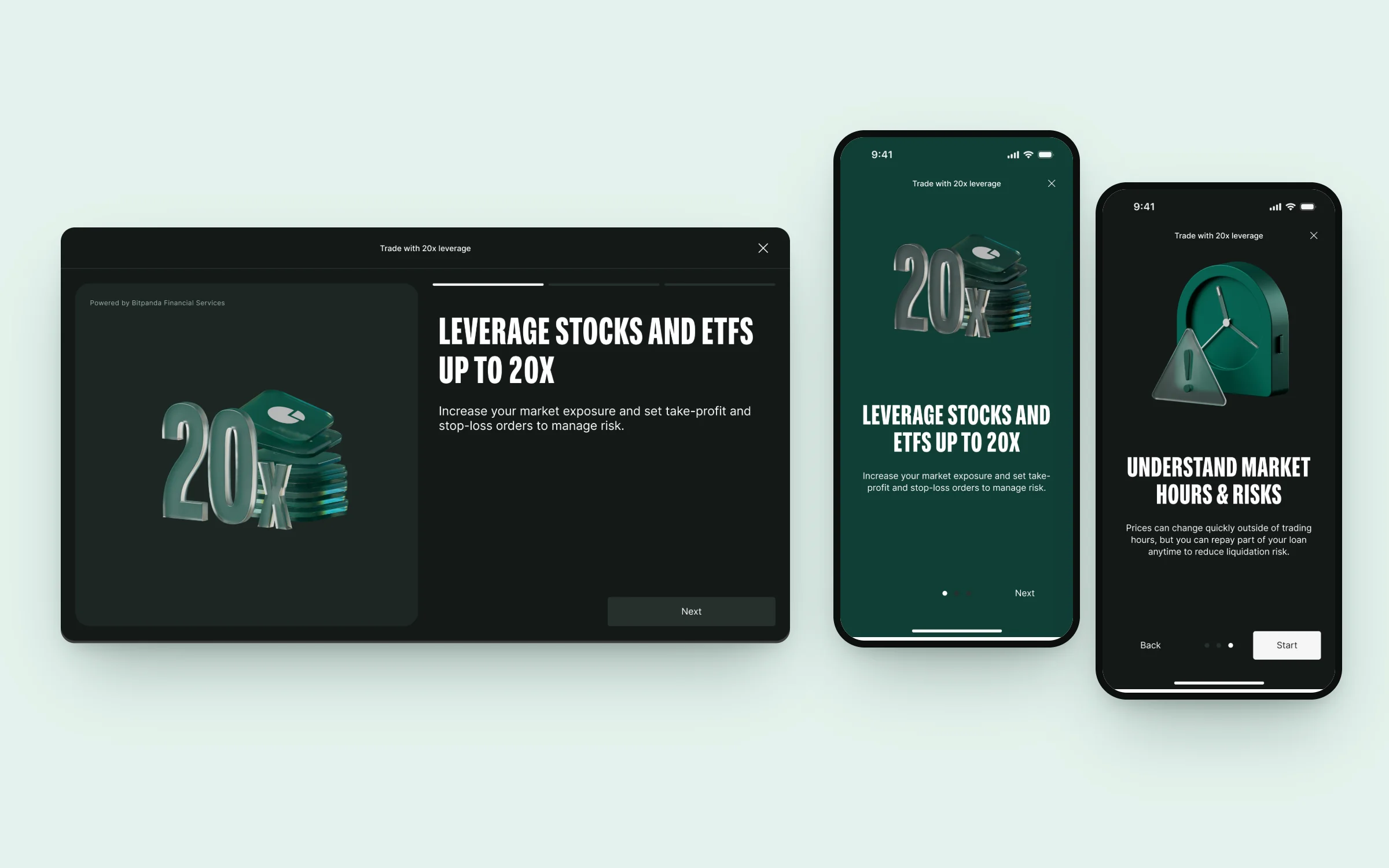 Trade with 20x leverage intro on the Bitpanda web app and two intro screens on mobile