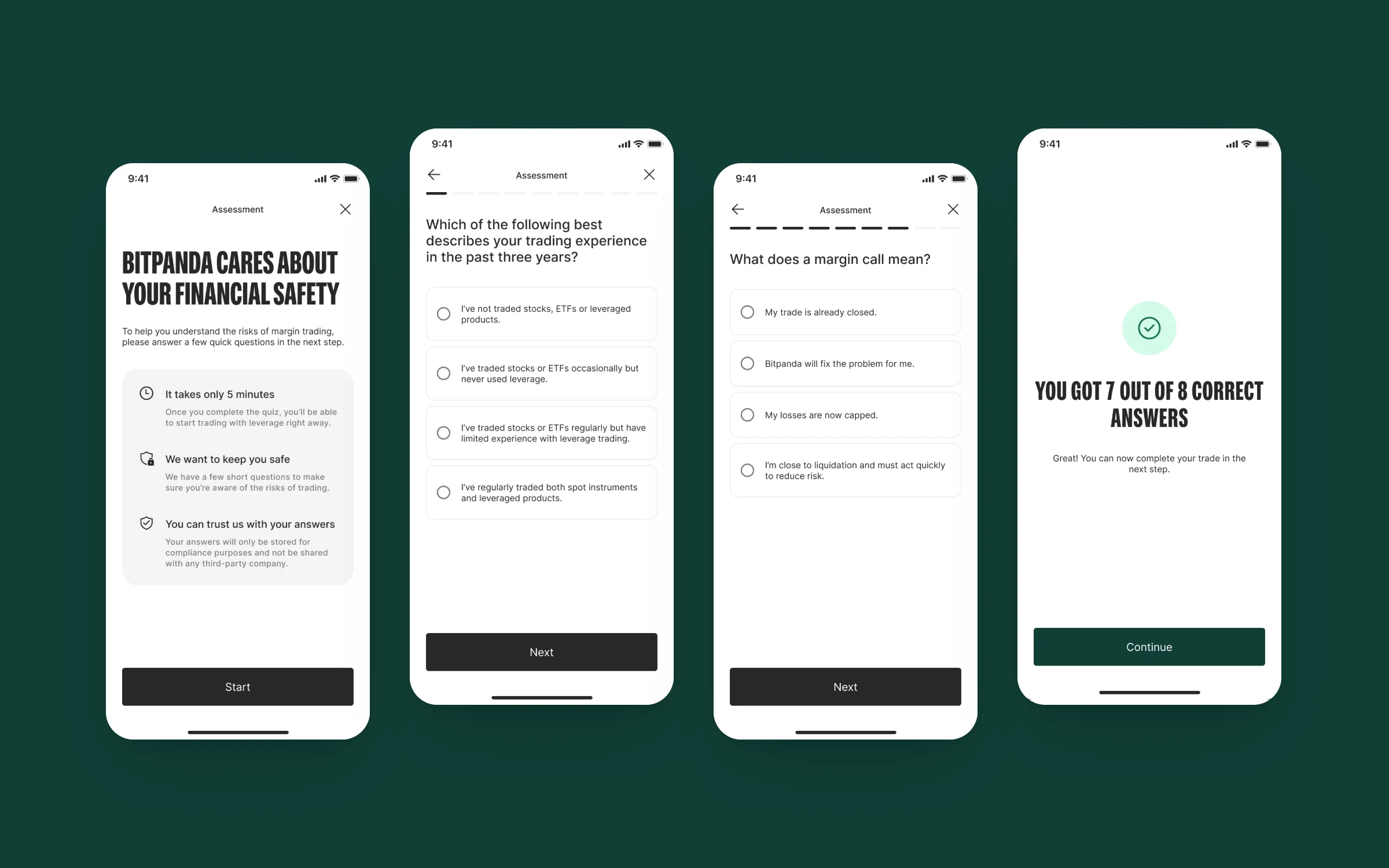 Appropriateness test on mobile: intro, two questions and the result screen