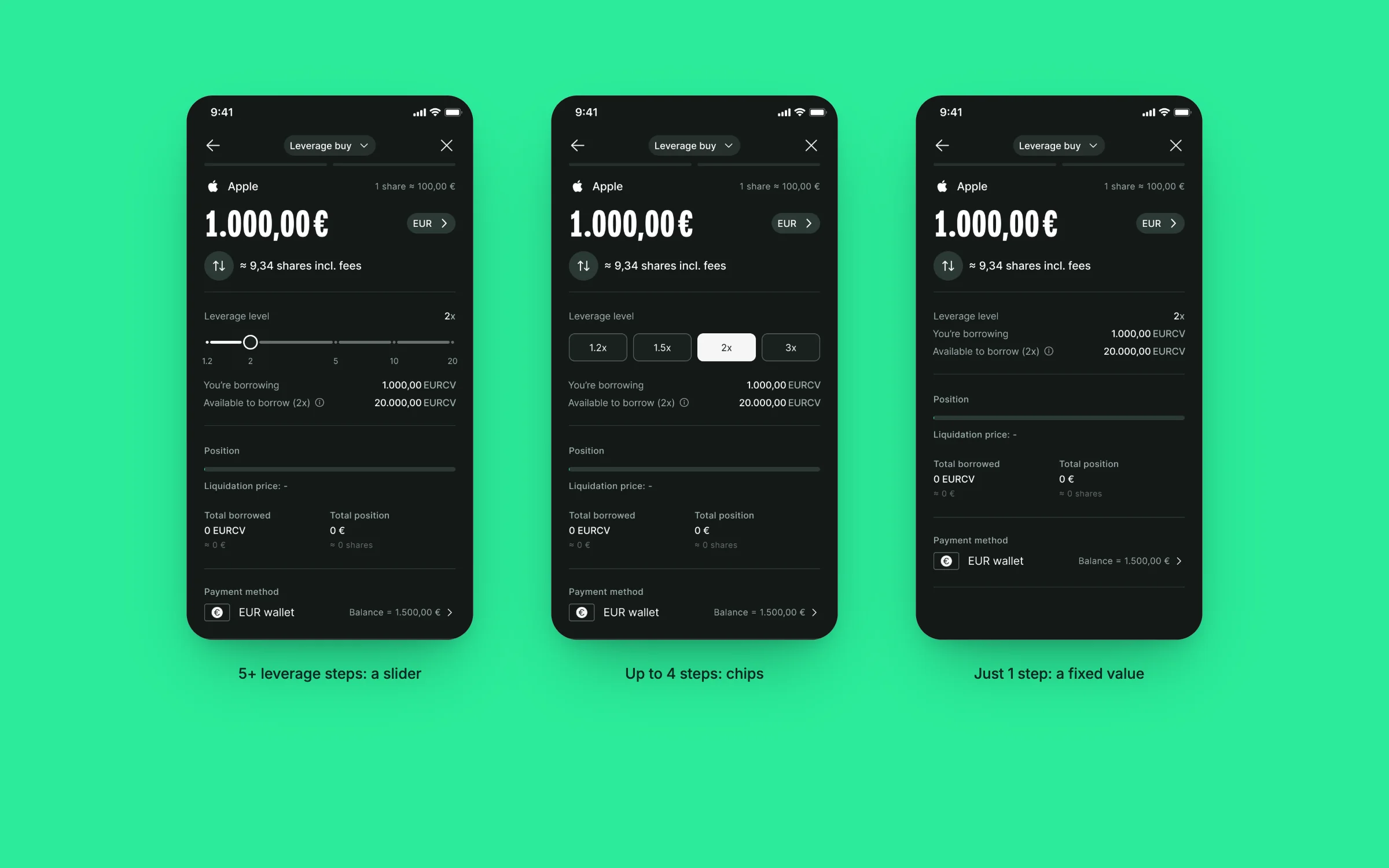 Three leverage controls in dark mode: a slider, chips and a fixed value