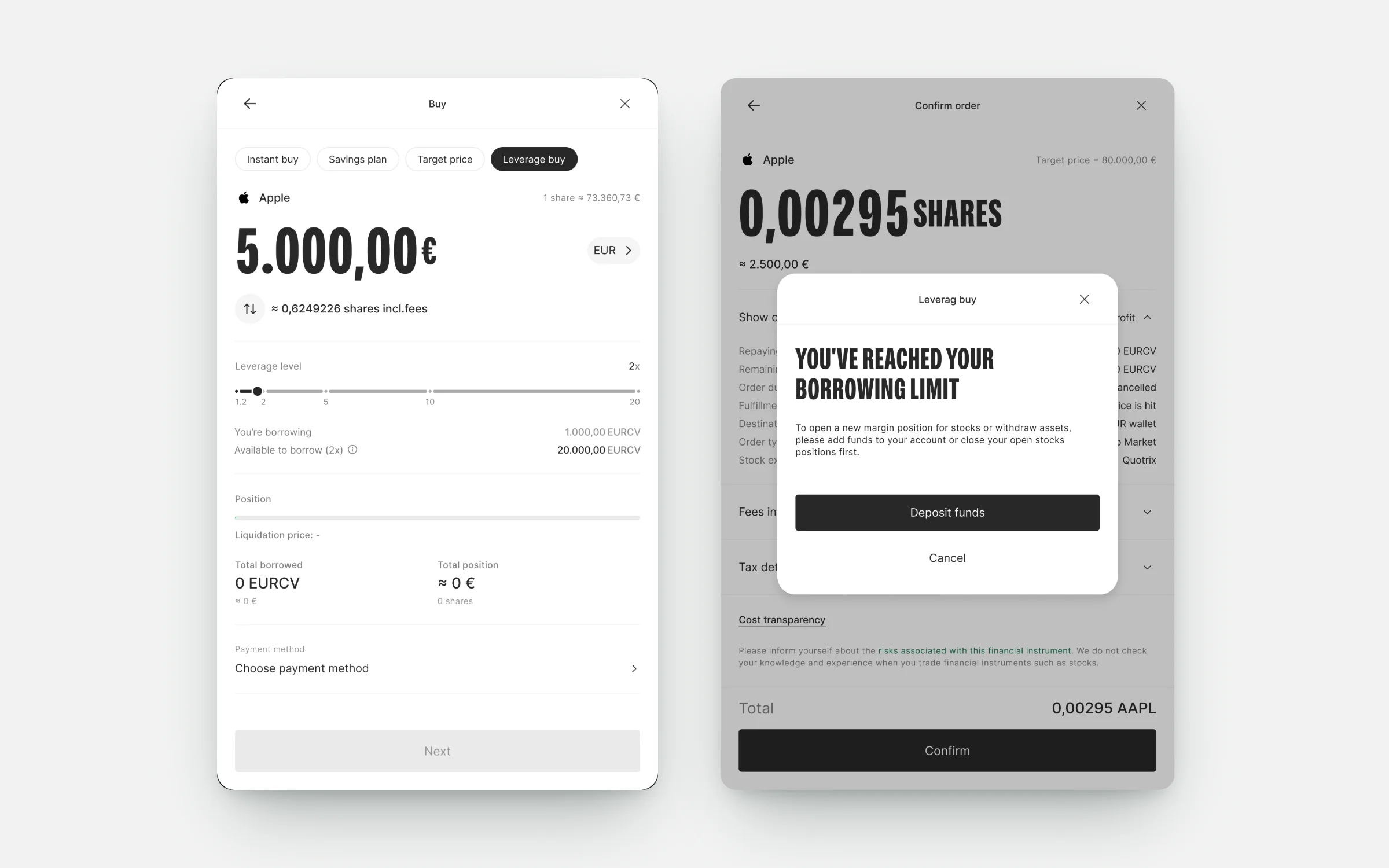 Web leverage buy panel and the borrowing limit message on the order summary