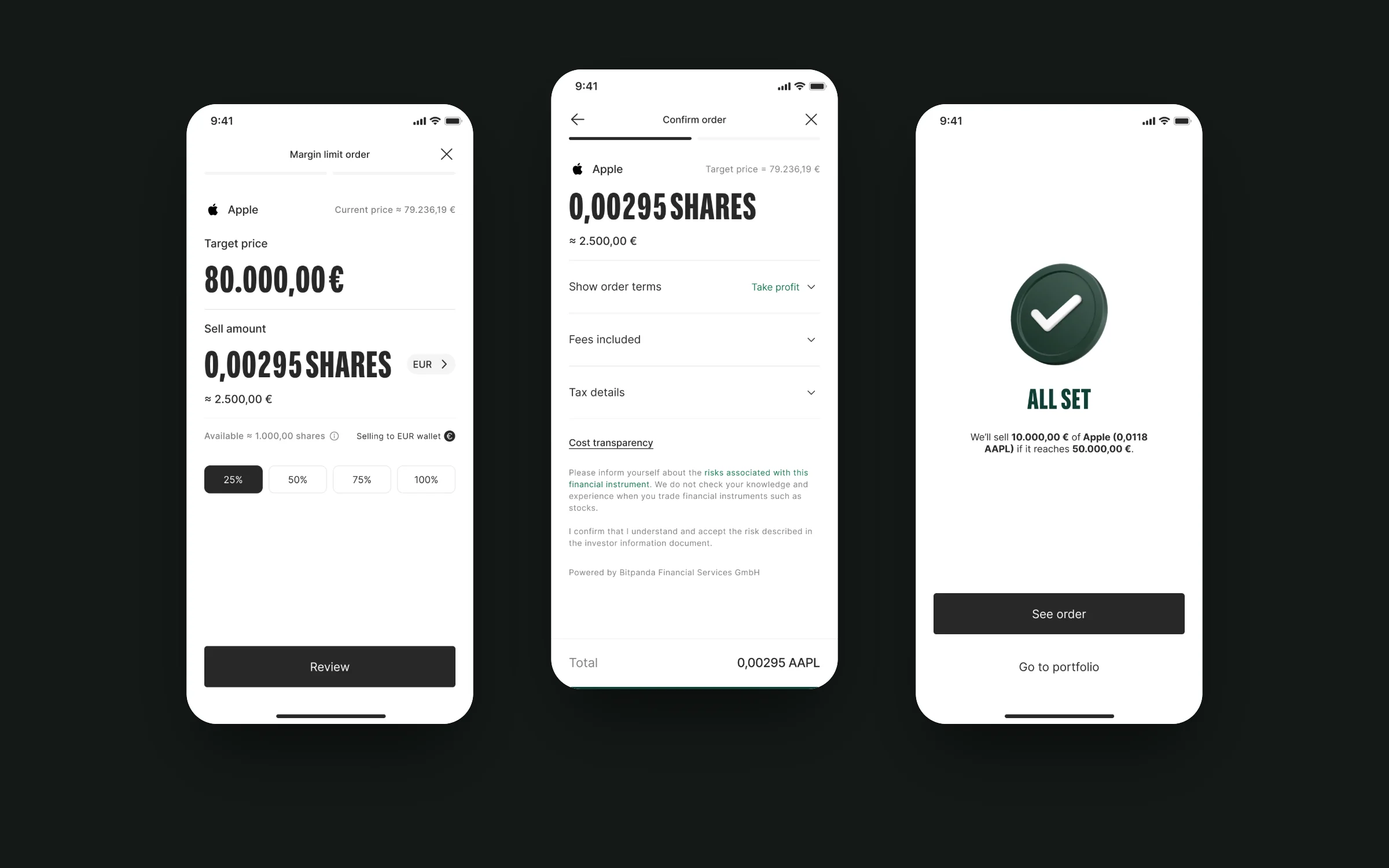 Margin limit order on mobile: target price, order summary and confirmation