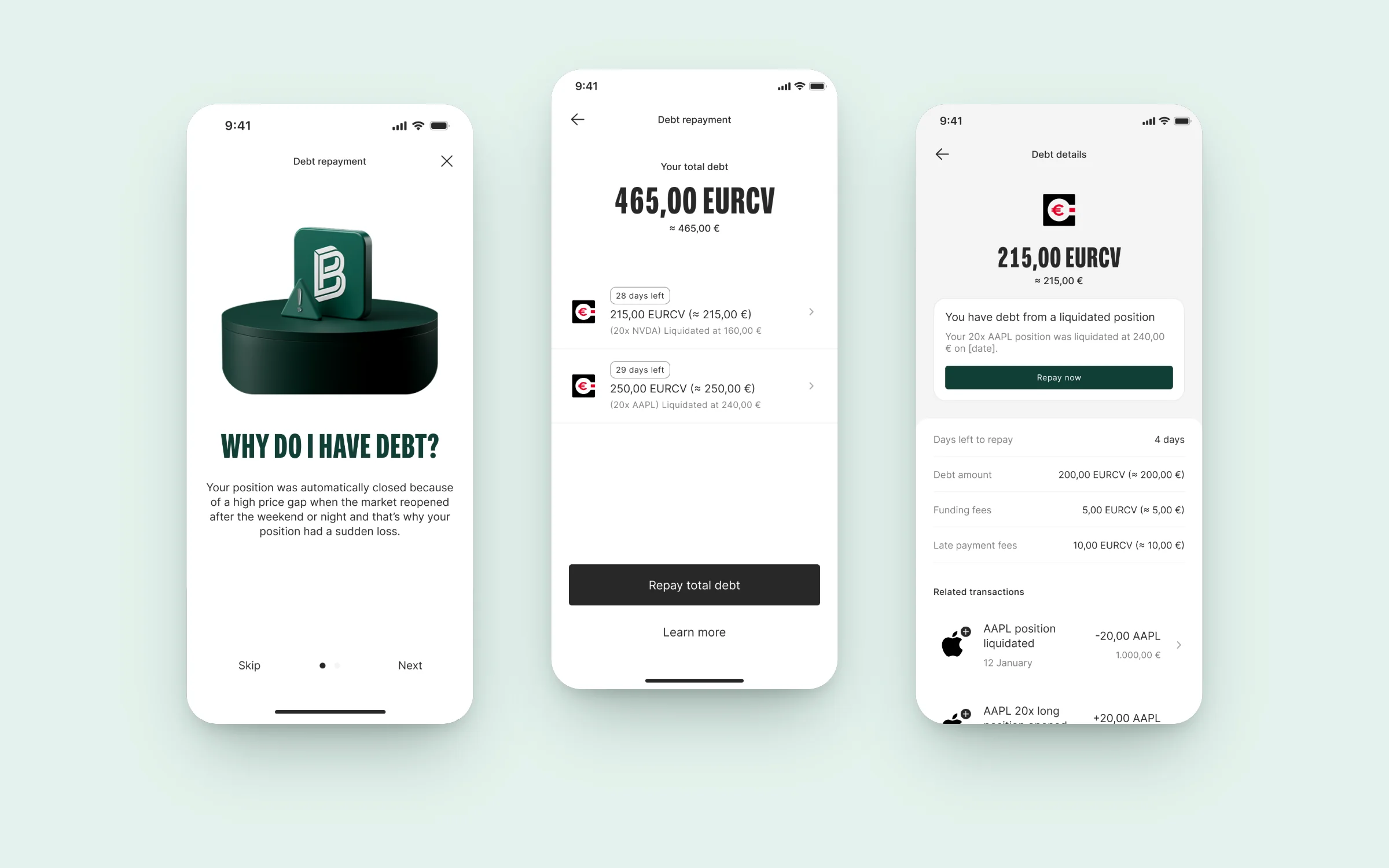 Debt repayment on mobile: why do I have debt, total debt and debt details