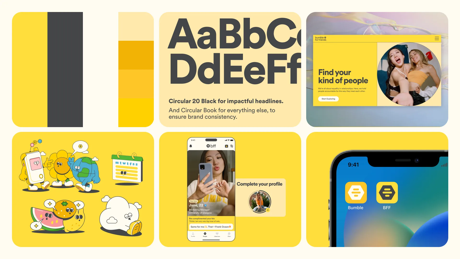 Bumble For Friends brand elements: palette, typography, characters and app icon