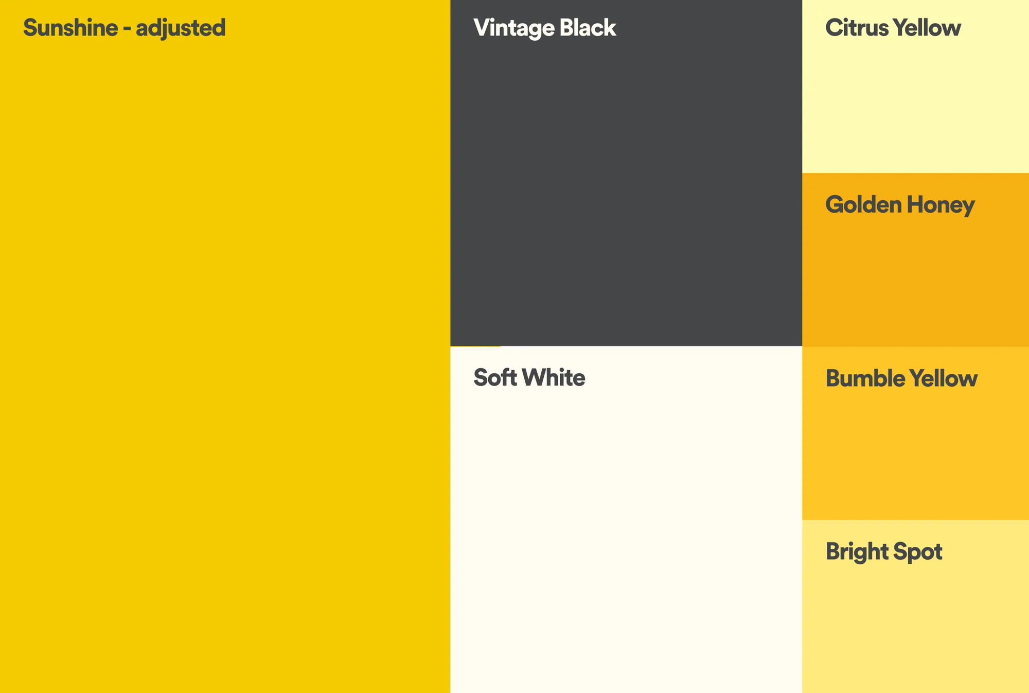 Bumble For Friends colour palette: Vintage Black, Soft White, Citrus Yellow, Golden Honey and Bright Spot