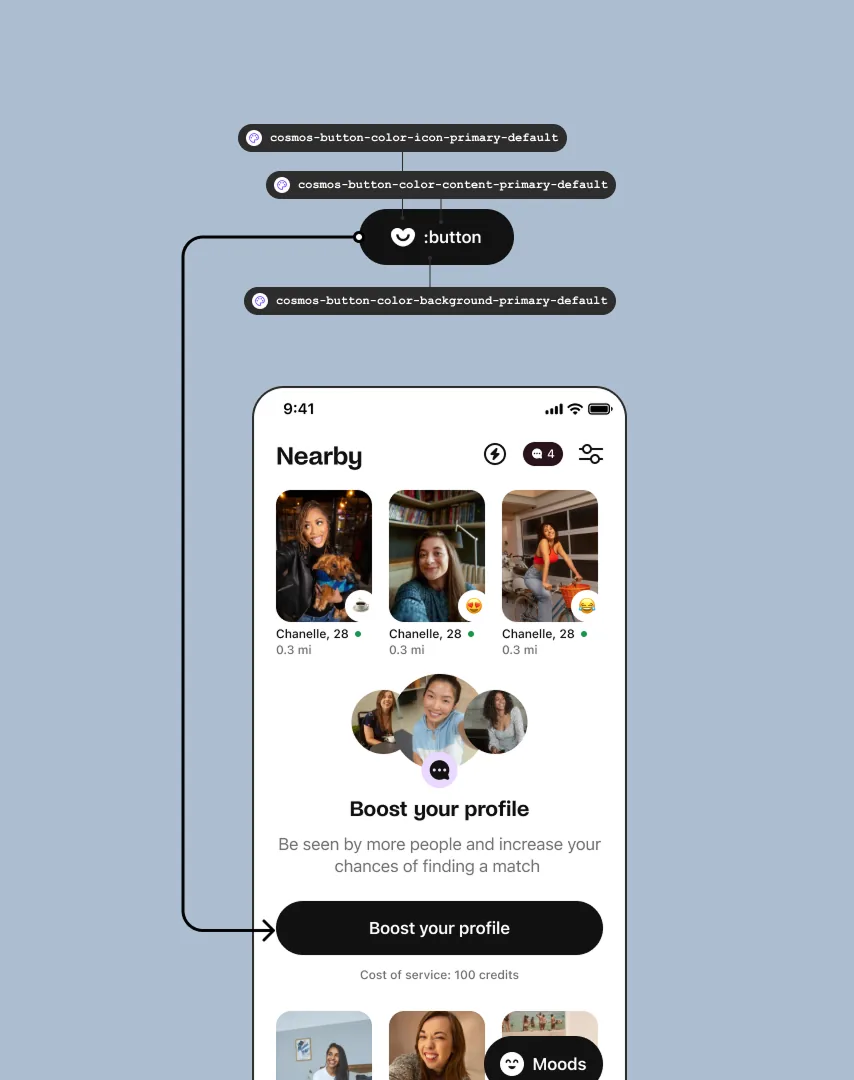 Nearby screen with the Boost your profile button annotated with its button tokens