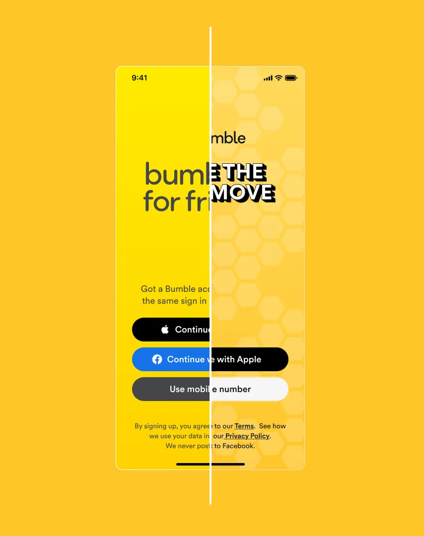 Bumble For Friends sign-up screen comparing the Bumble and BFF themes
