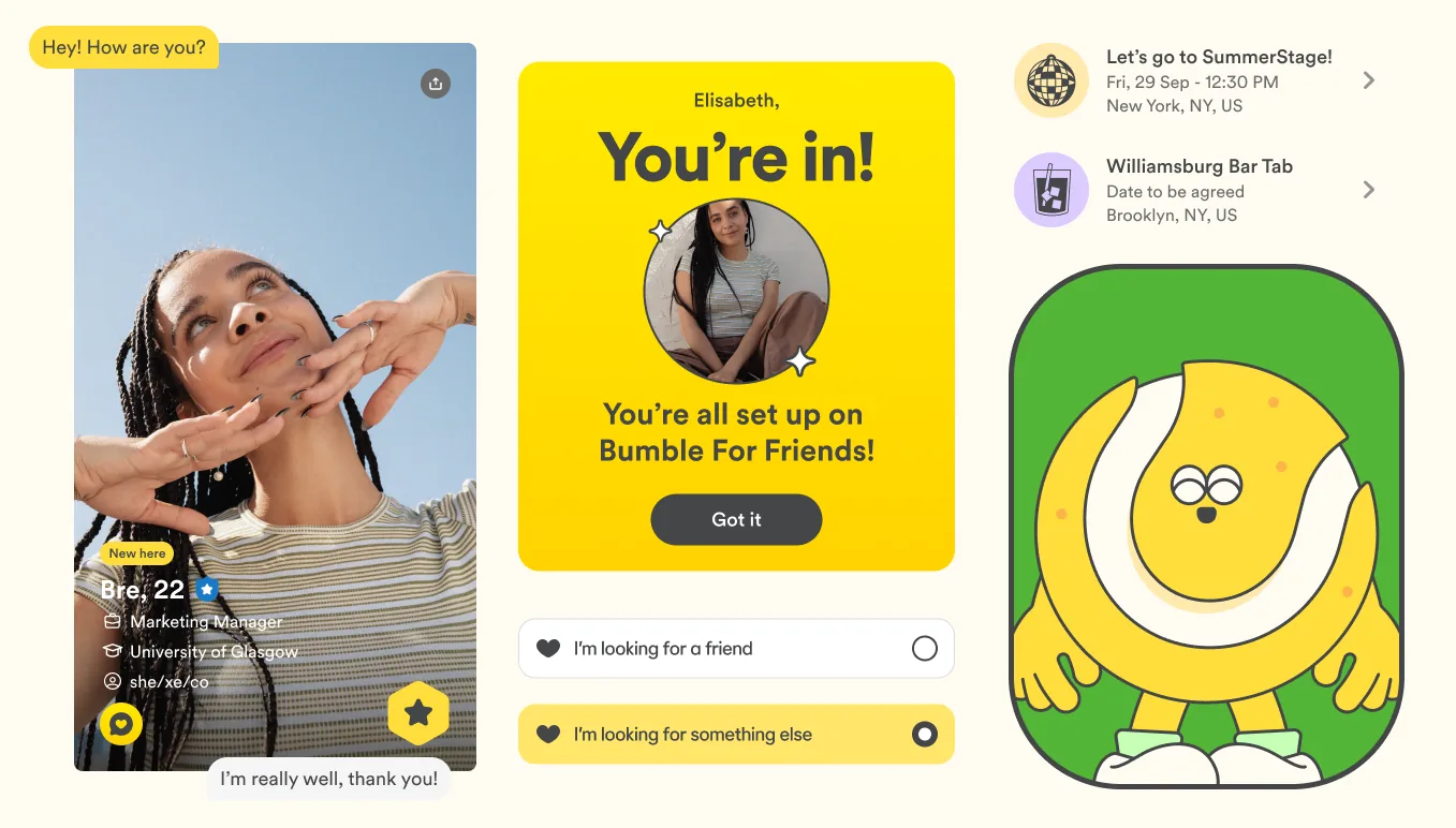 Bumble For Friends profile, “You’re in!” confirmation and plans, with a lemon character