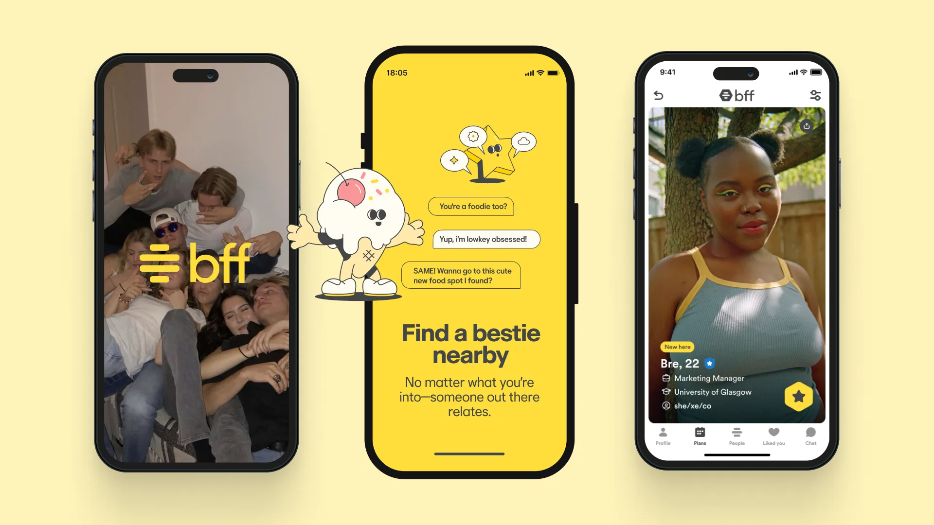 Bumble For Friends welcome screens: Find a bestie nearby and a profile card
