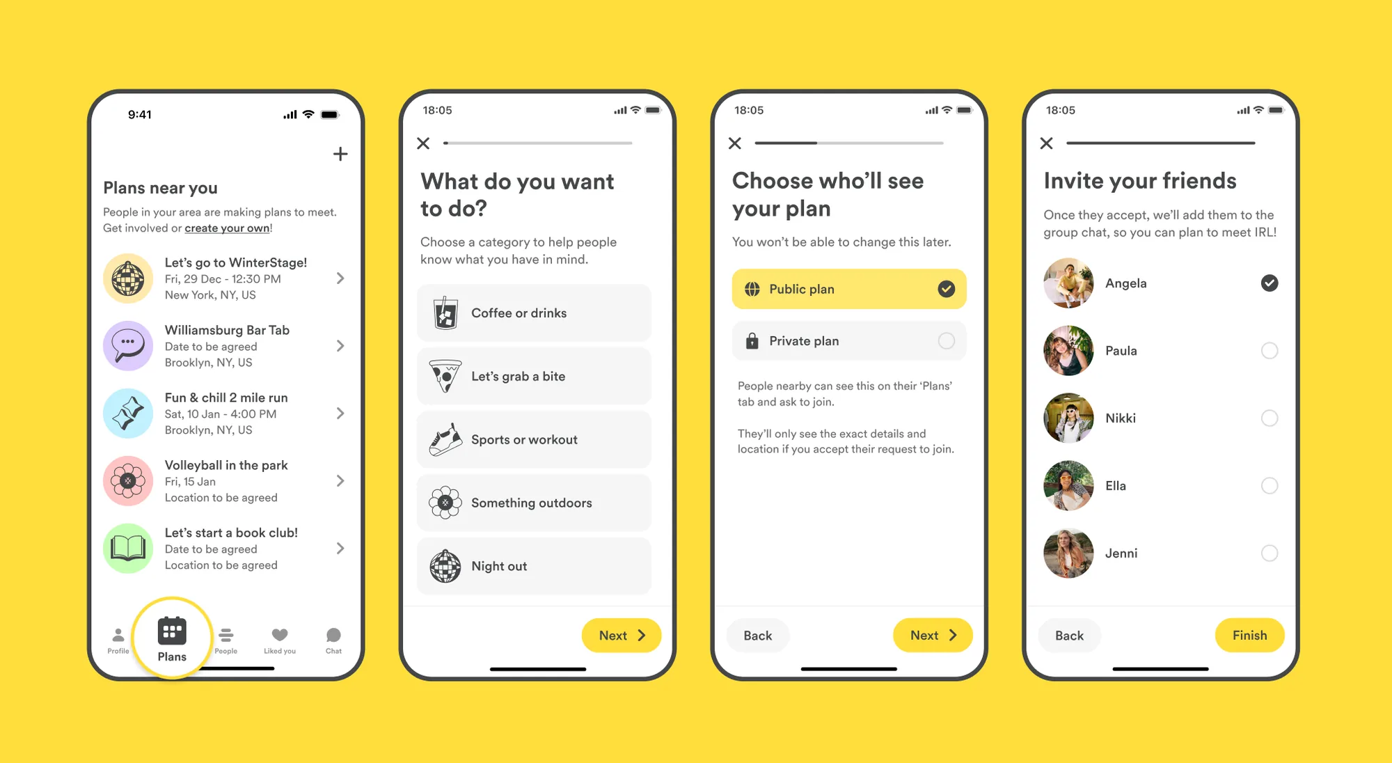 Plans creation flow: category, privacy and inviting friends