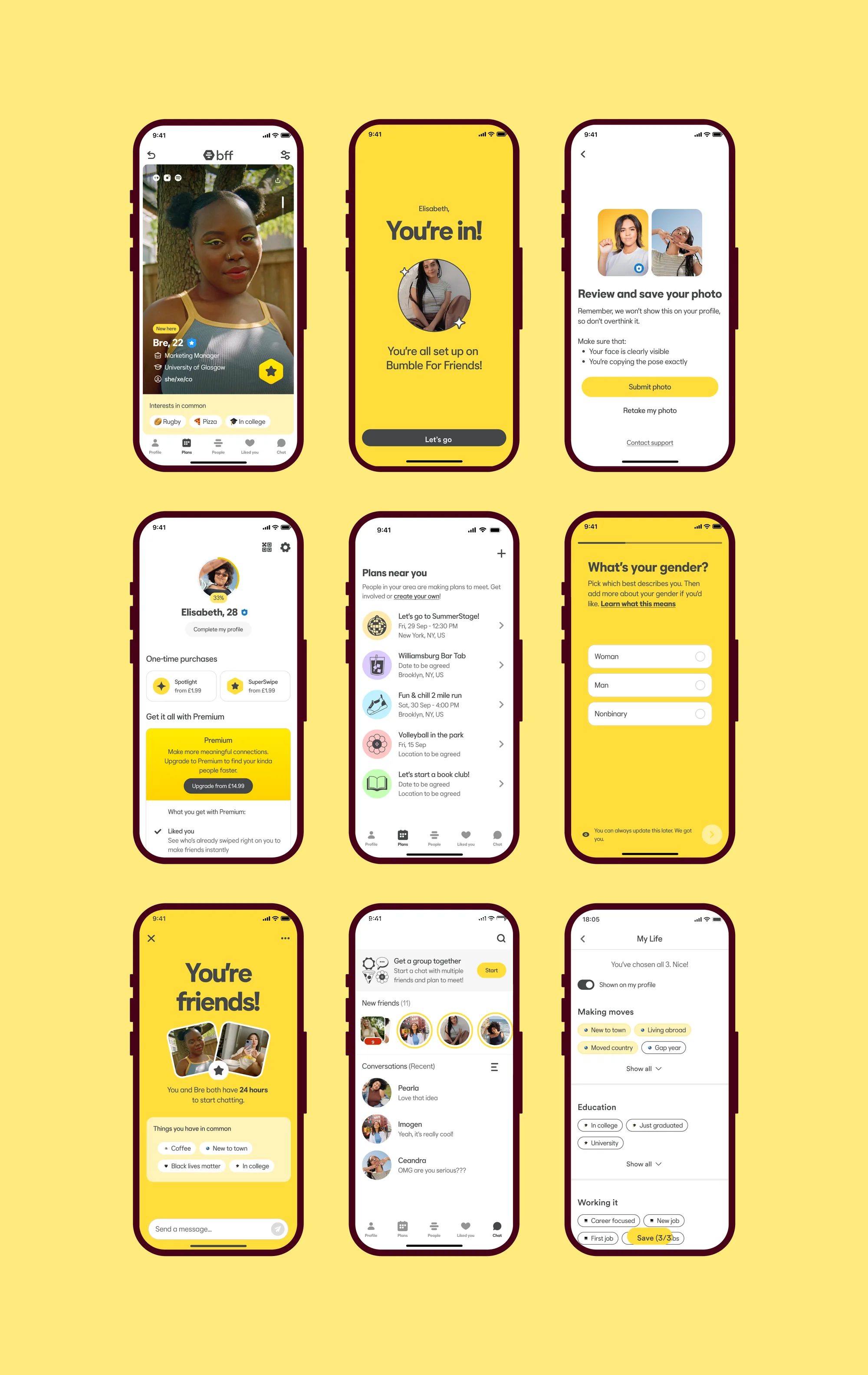 Grid of nine Bumble For Friends app screens