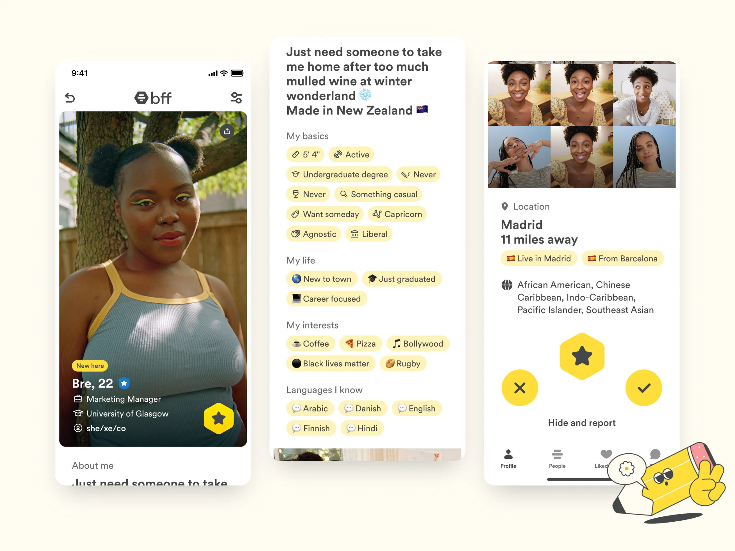 Bumble For Friends profile screens with bio, interests and photo grid