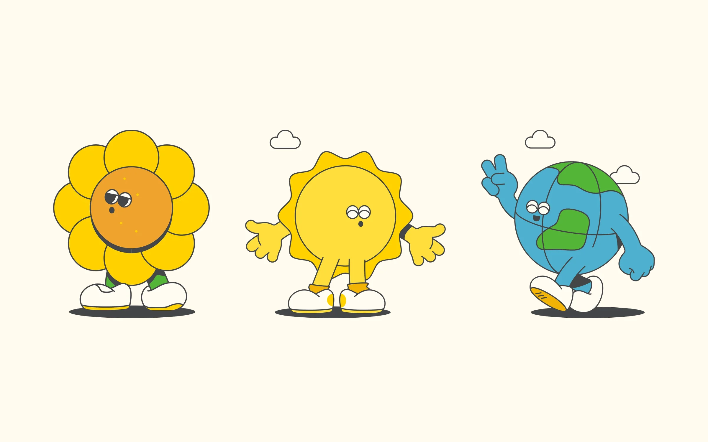 Bumble For Friends characters: sunflower, sun and globe