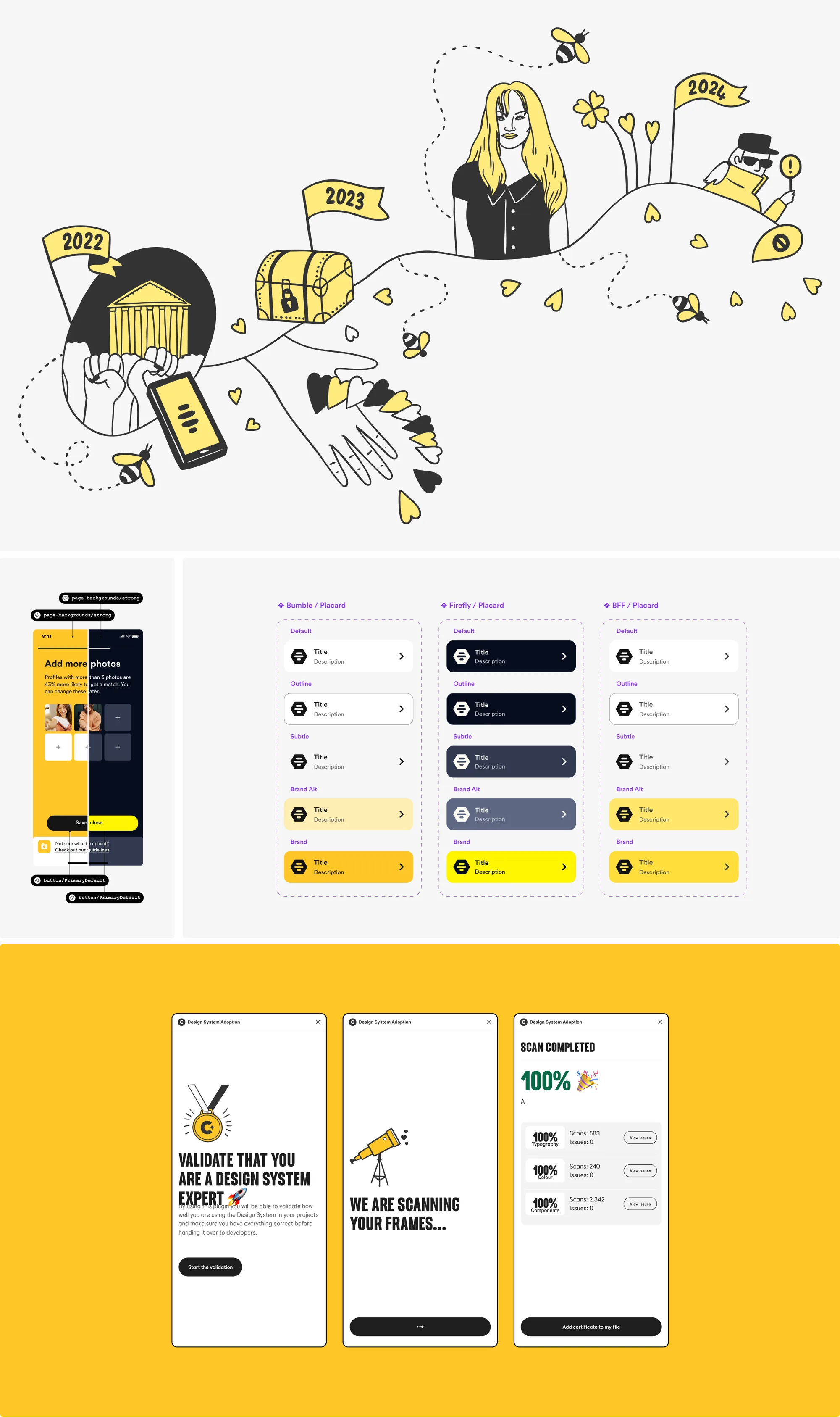 Cosmos illustrations, list components across Bumble, Firefly and BFF, and a design-system scanning plugin