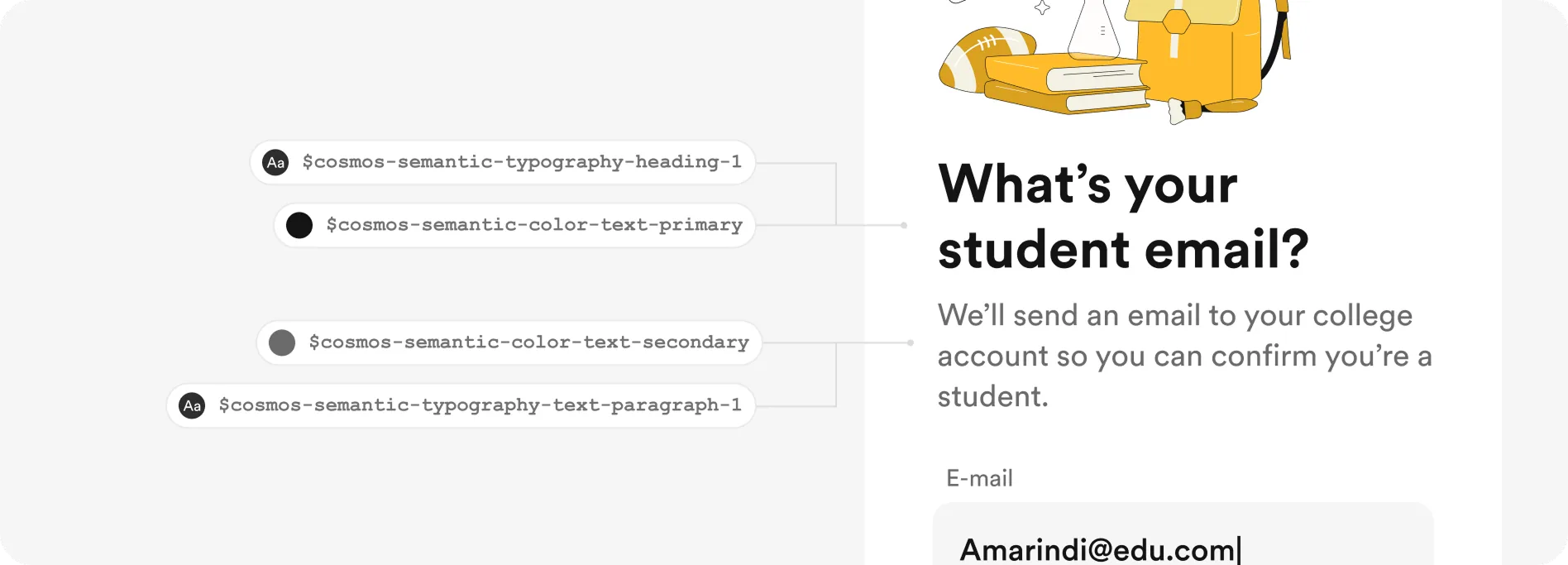Student email screen annotated with its Cosmos typography and colour tokens