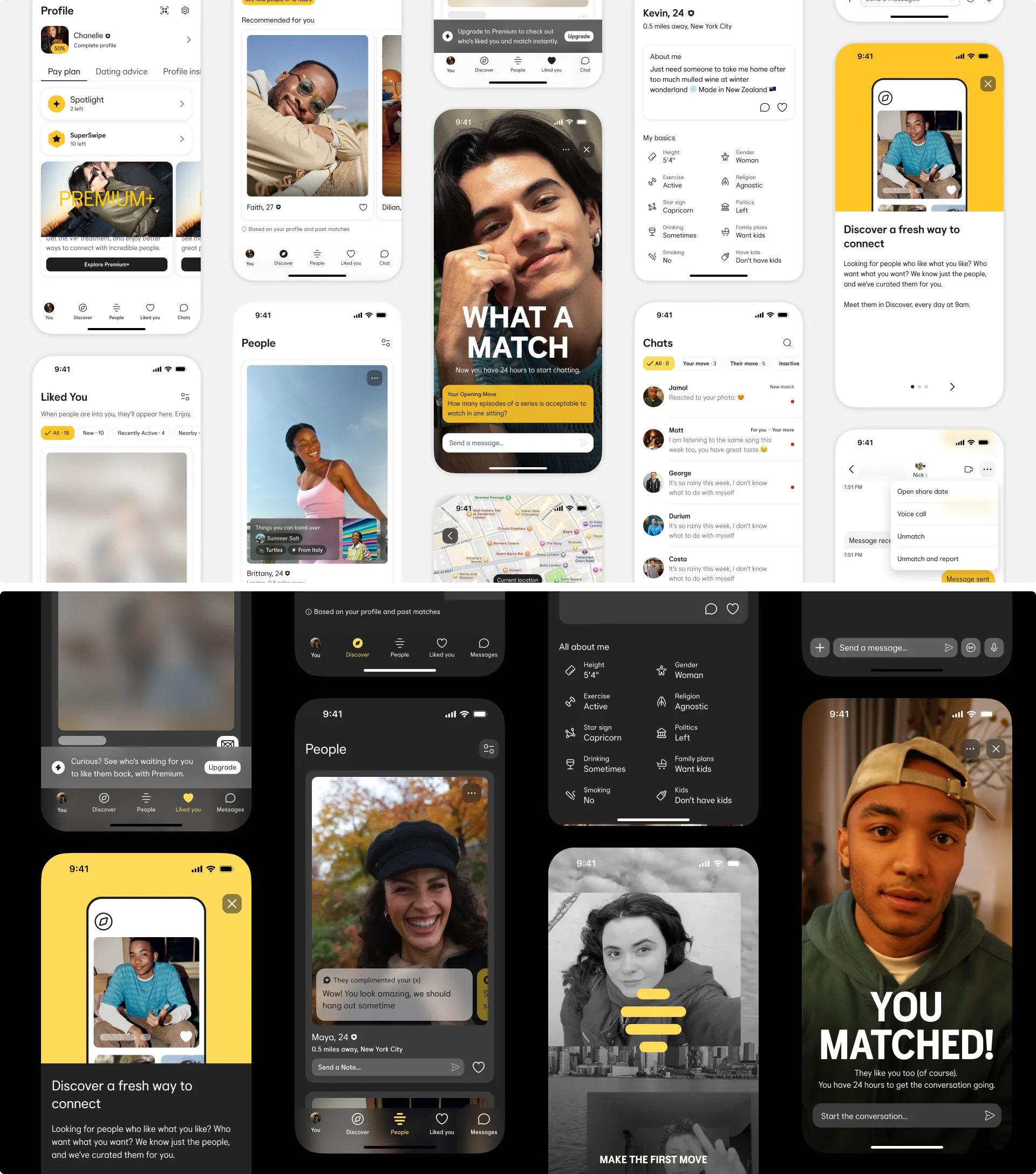 Bumble app screens in light and dark themes built with Cosmos