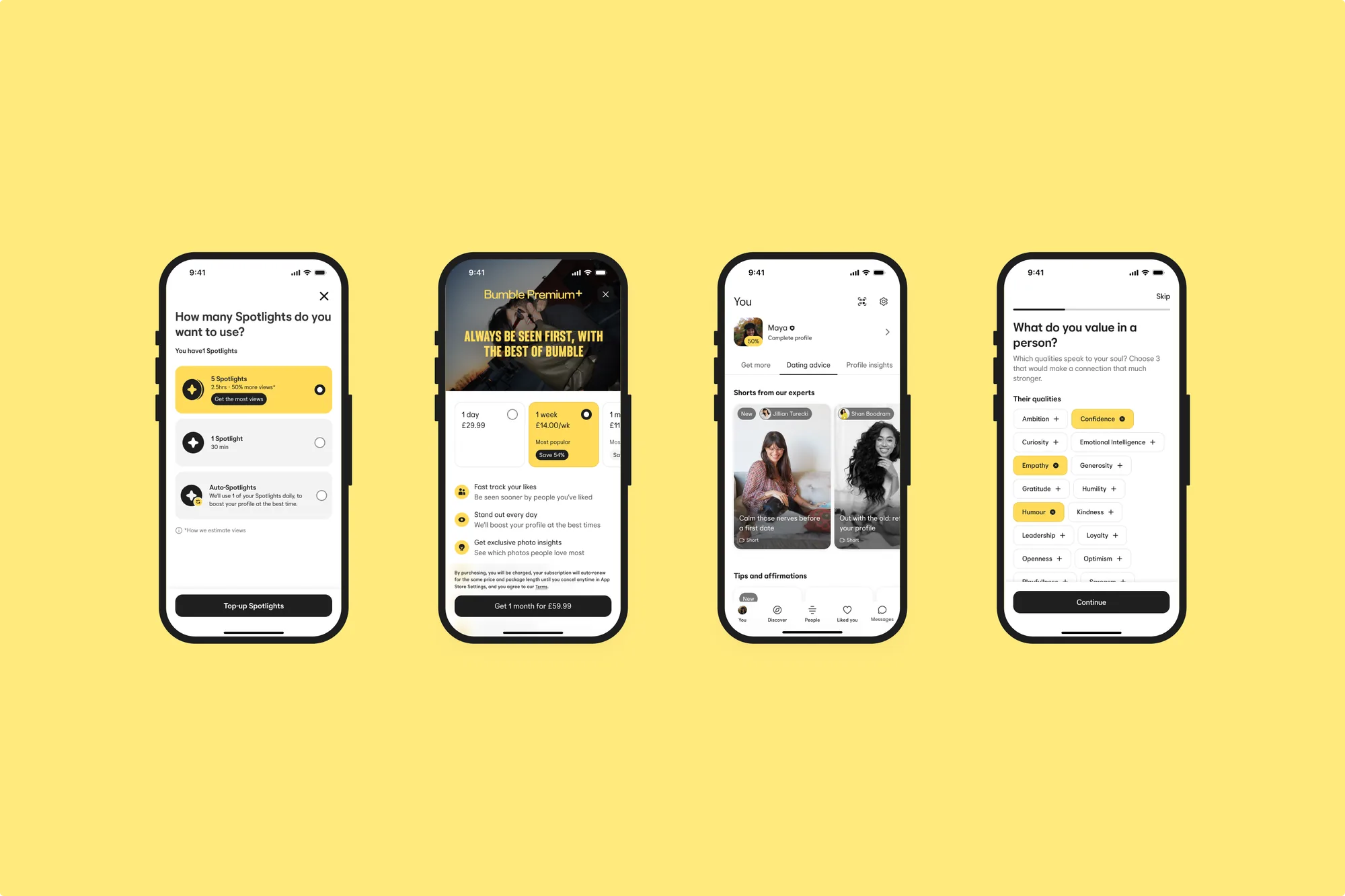 Four Bumble onboarding and profile screens on yellow