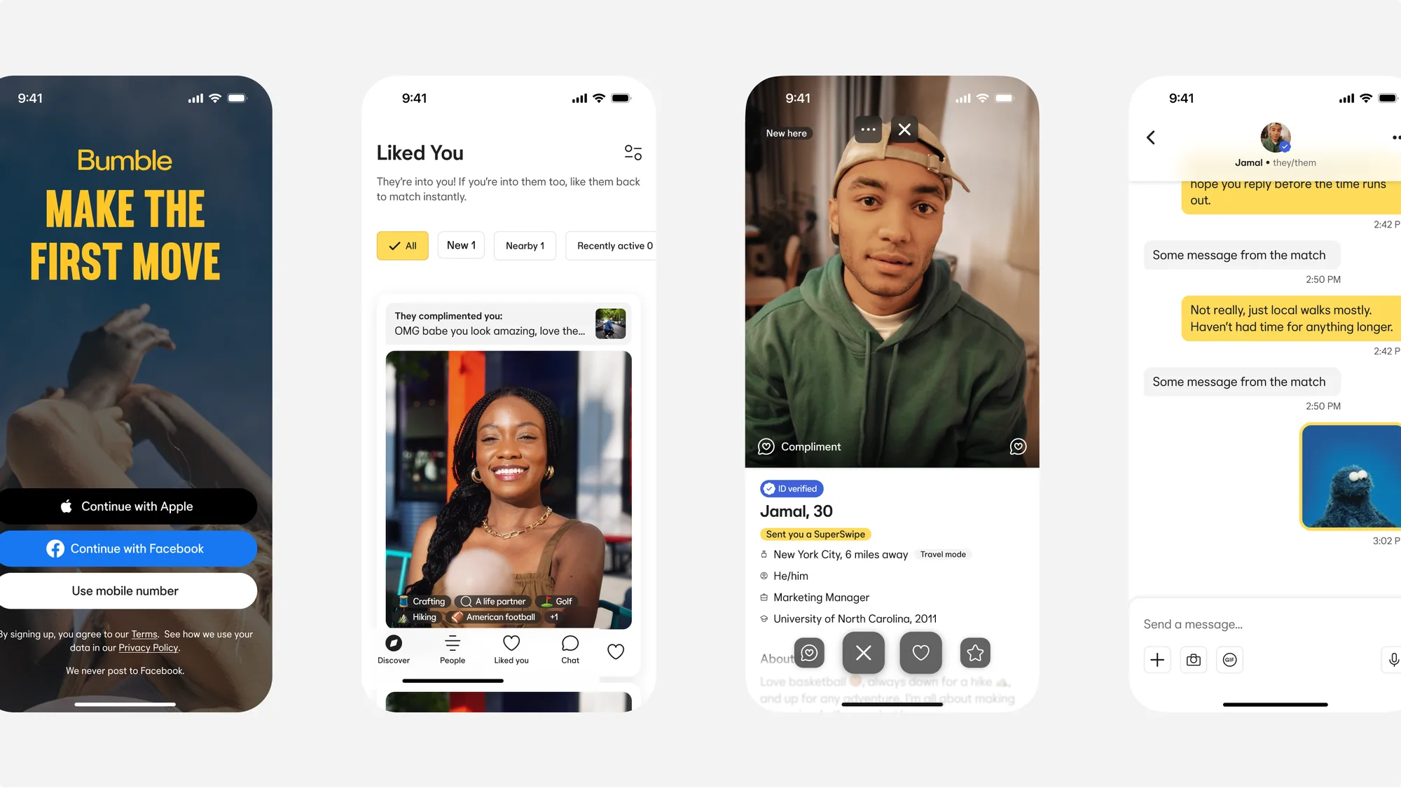 Bumble app flow: Make the First Move sign-in, Liked You, profile and chat
