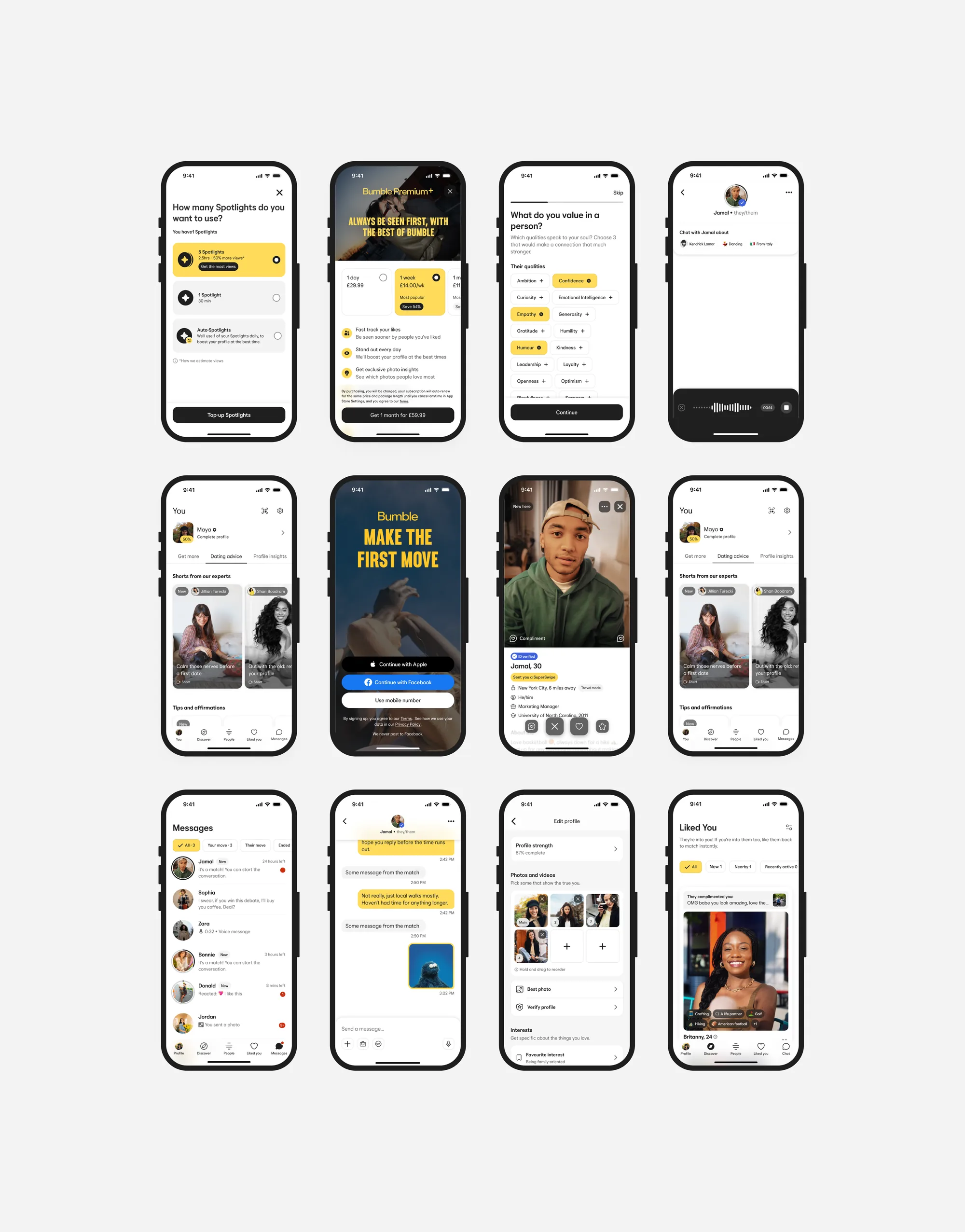 Overview of twelve Bumble app screens redesigned with Cosmos