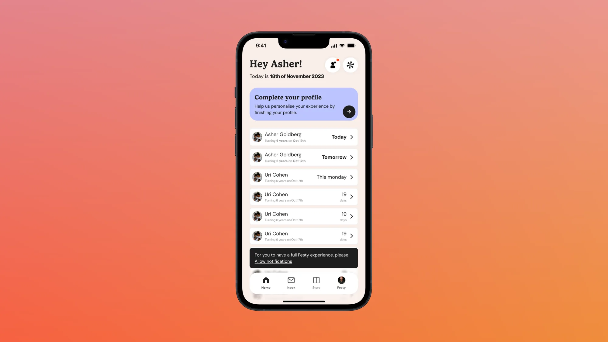 Festy home screen listing friends’ upcoming birthdays