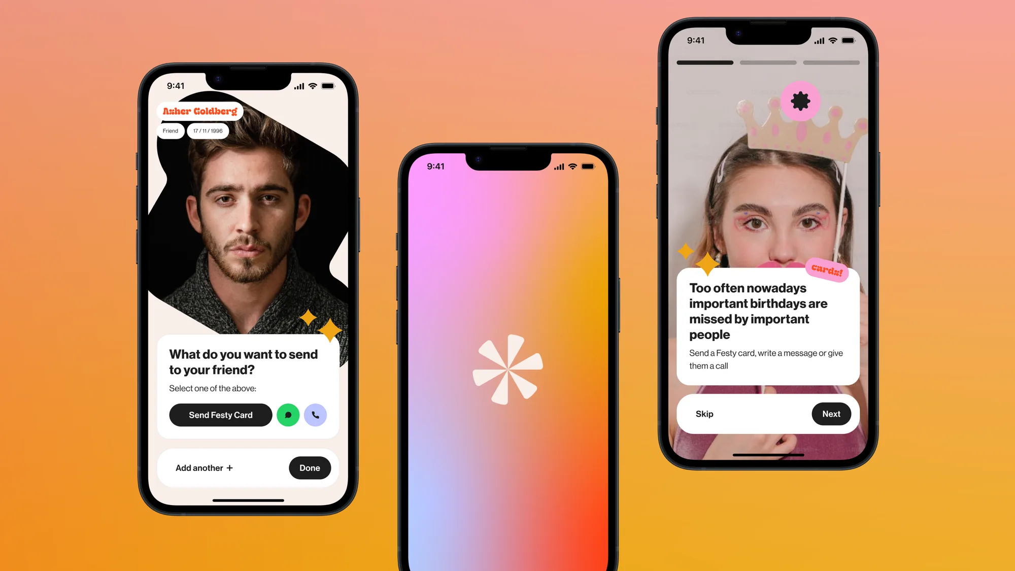 Festy screens: choosing a card to send, splash screen and onboarding