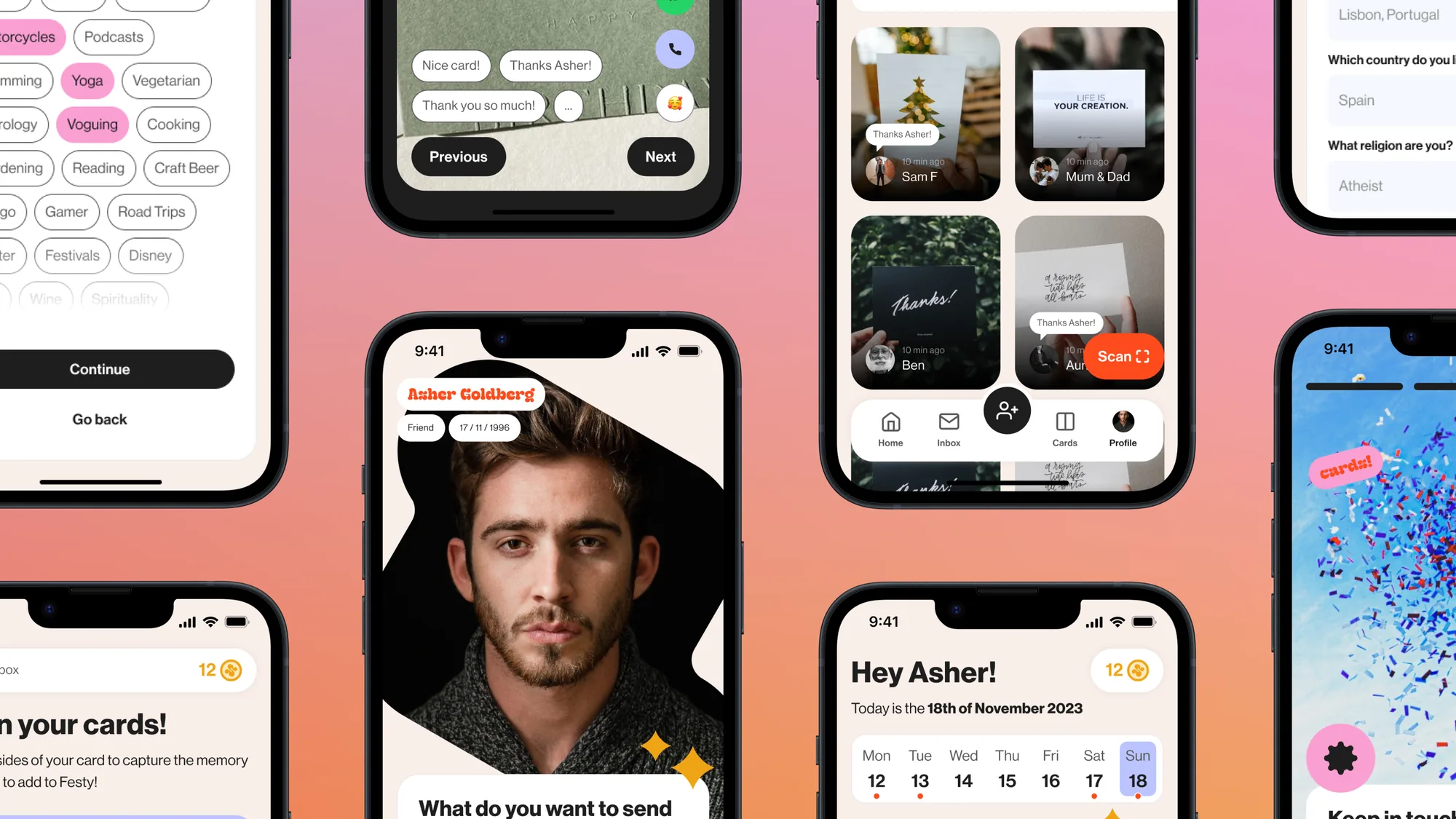 Collage of Festy app screens: interests, card scanning, home and sending a card
