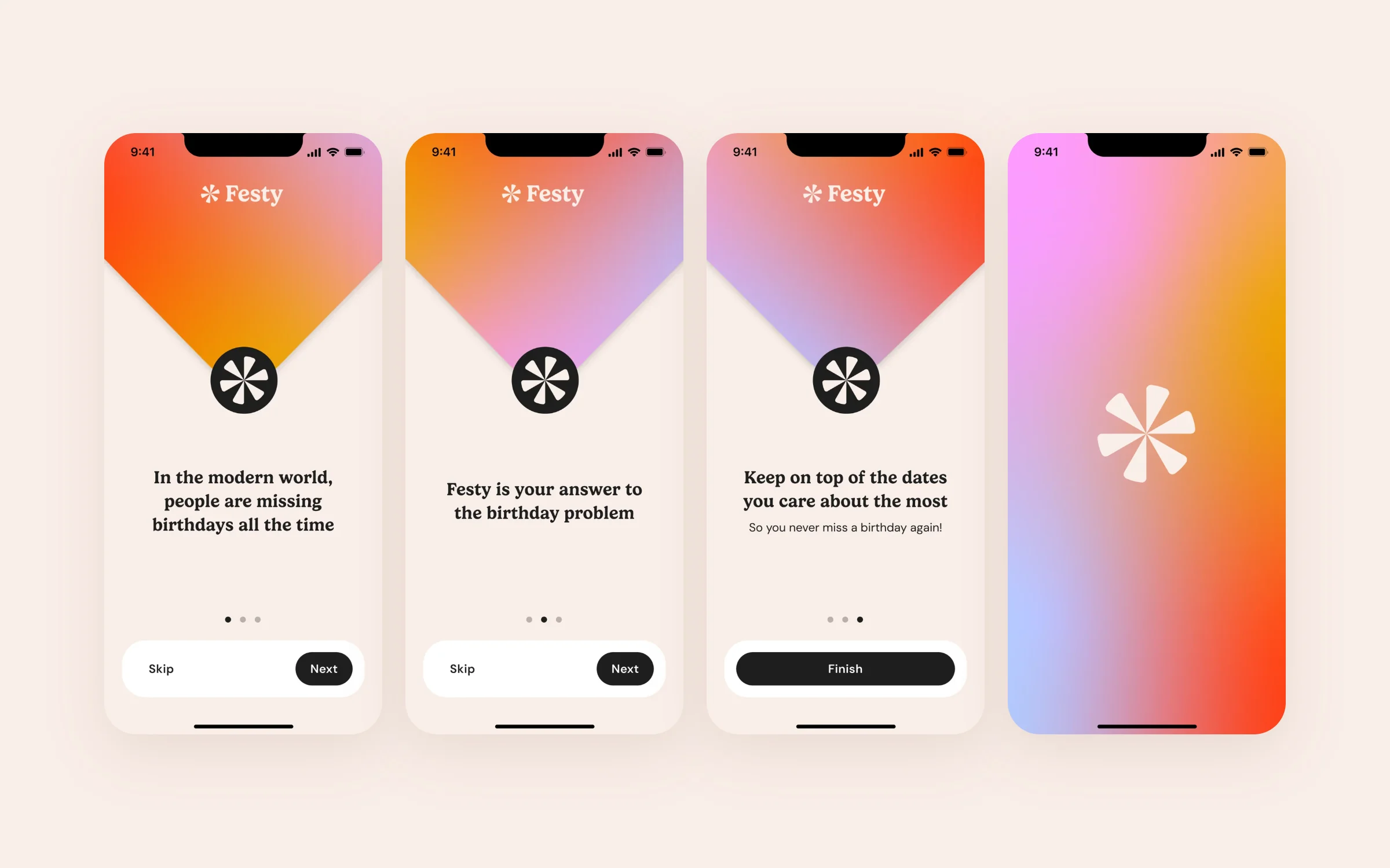 Festy onboarding screens about never missing a birthday