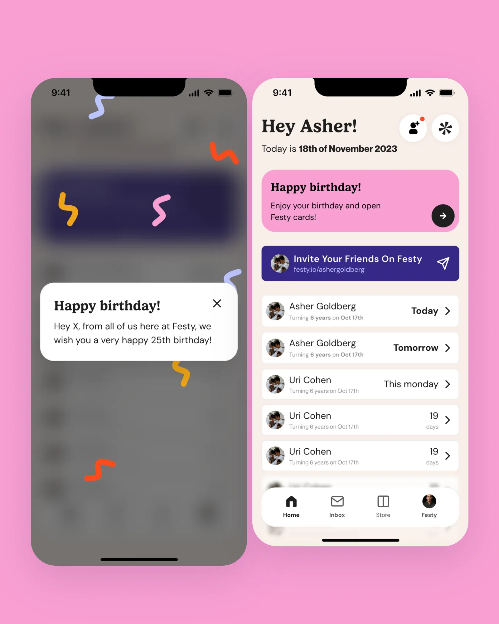 Festy birthday greeting pop-up and home screen with a Happy birthday banner