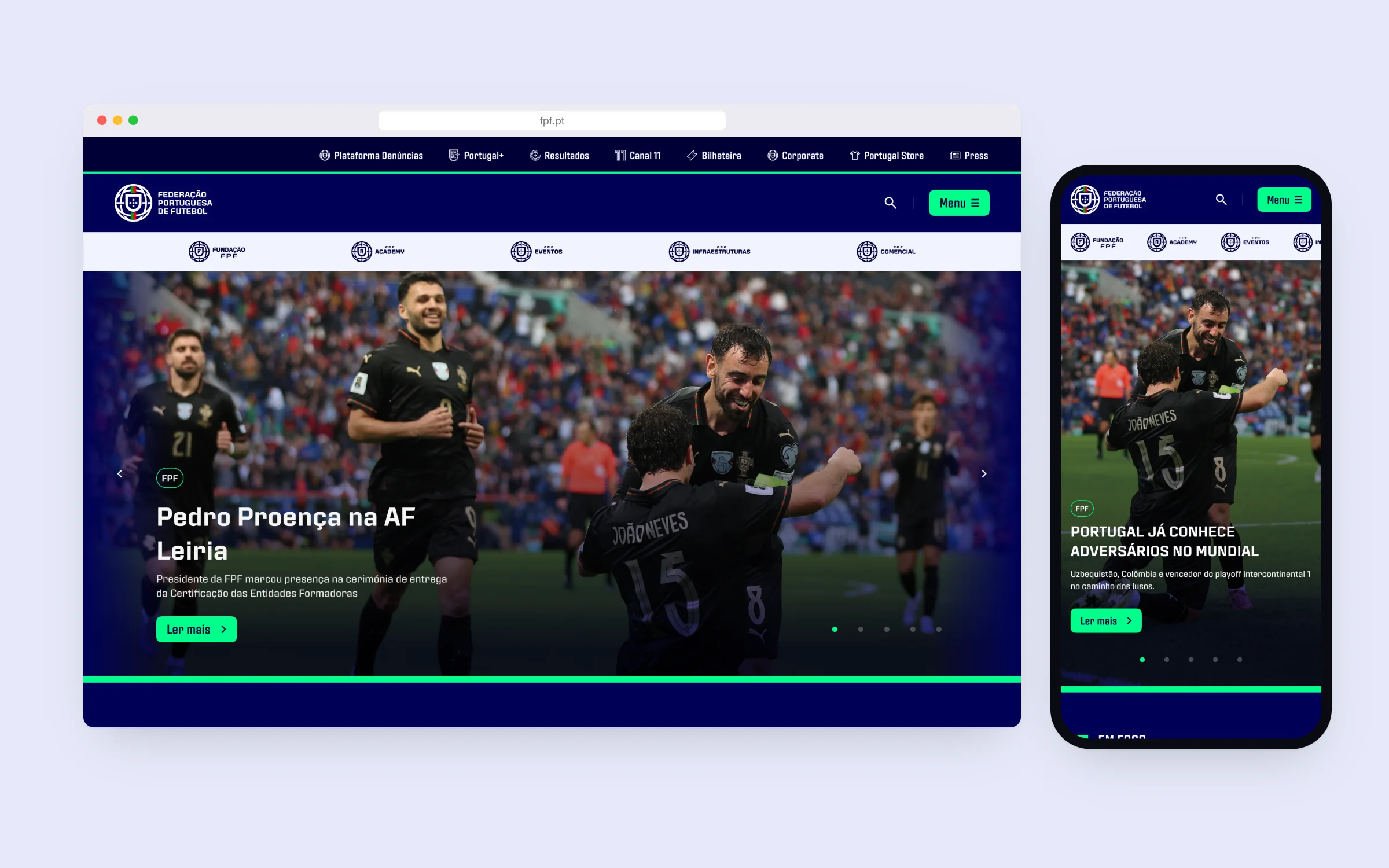 The new FPF home page from the Design System 2.1 file, on desktop and mobile