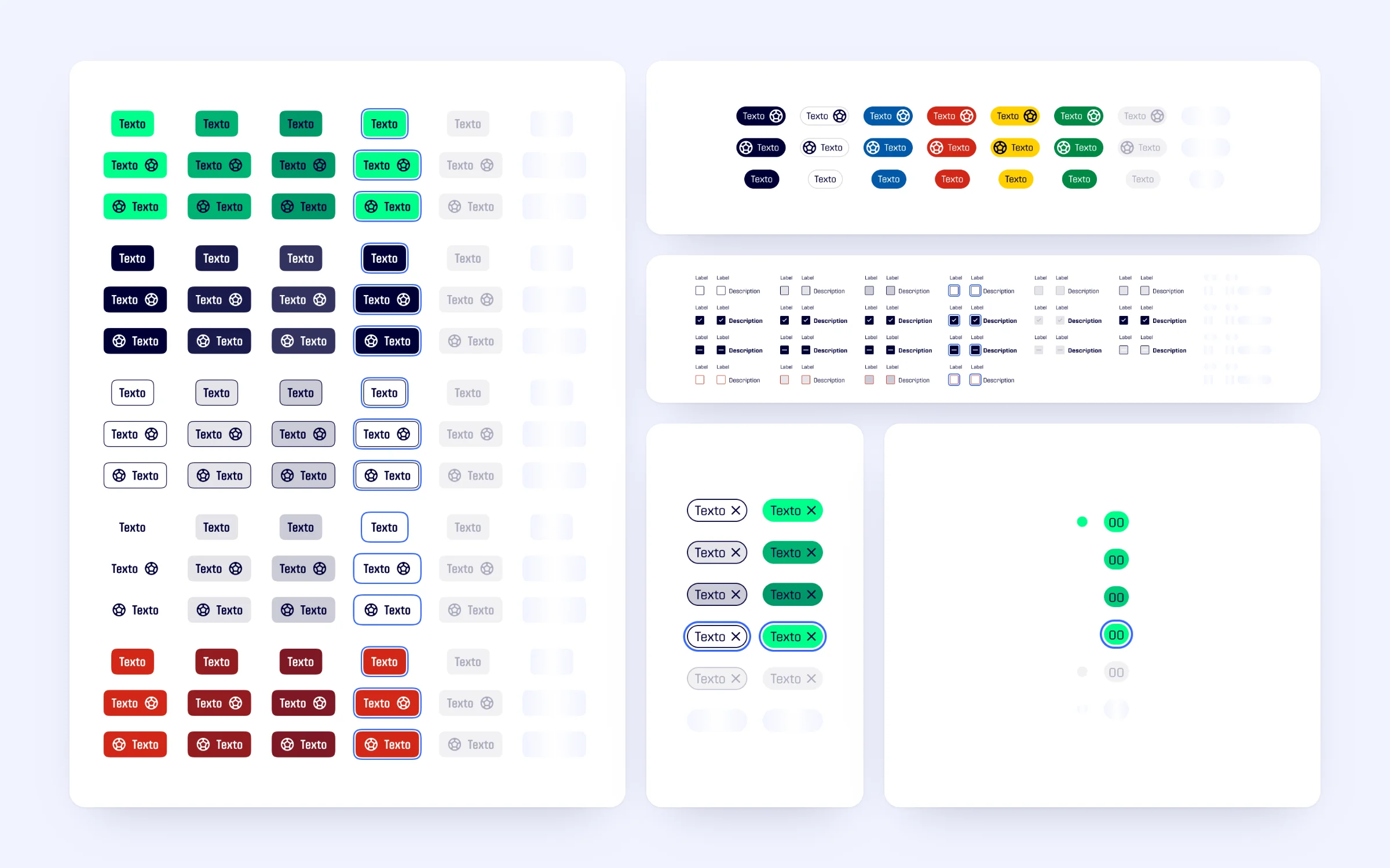 Design System 2.1 components: button matrix, badges, checkboxes, tags and dot counter