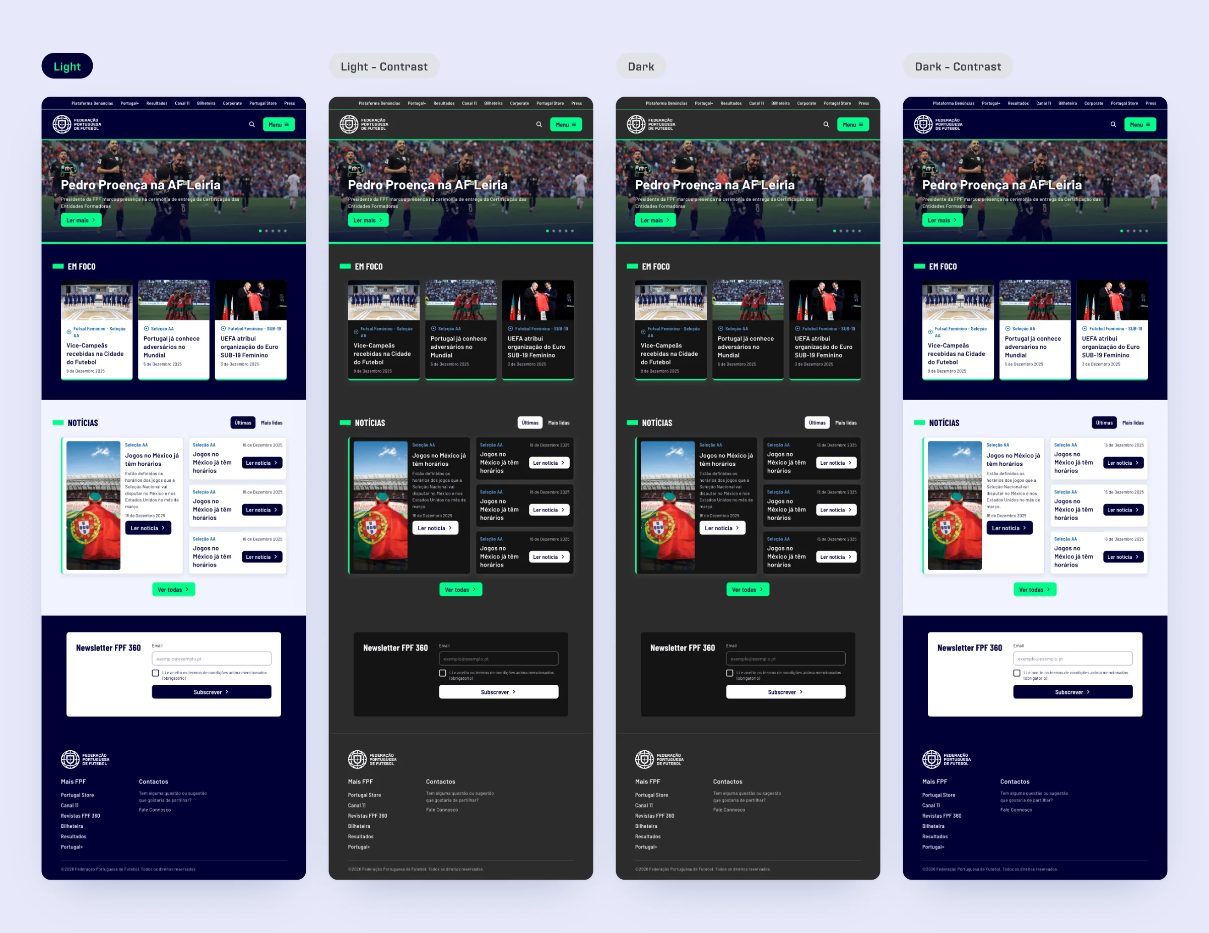 The FPF home page rebuilt on the tokens, shown in the four modes